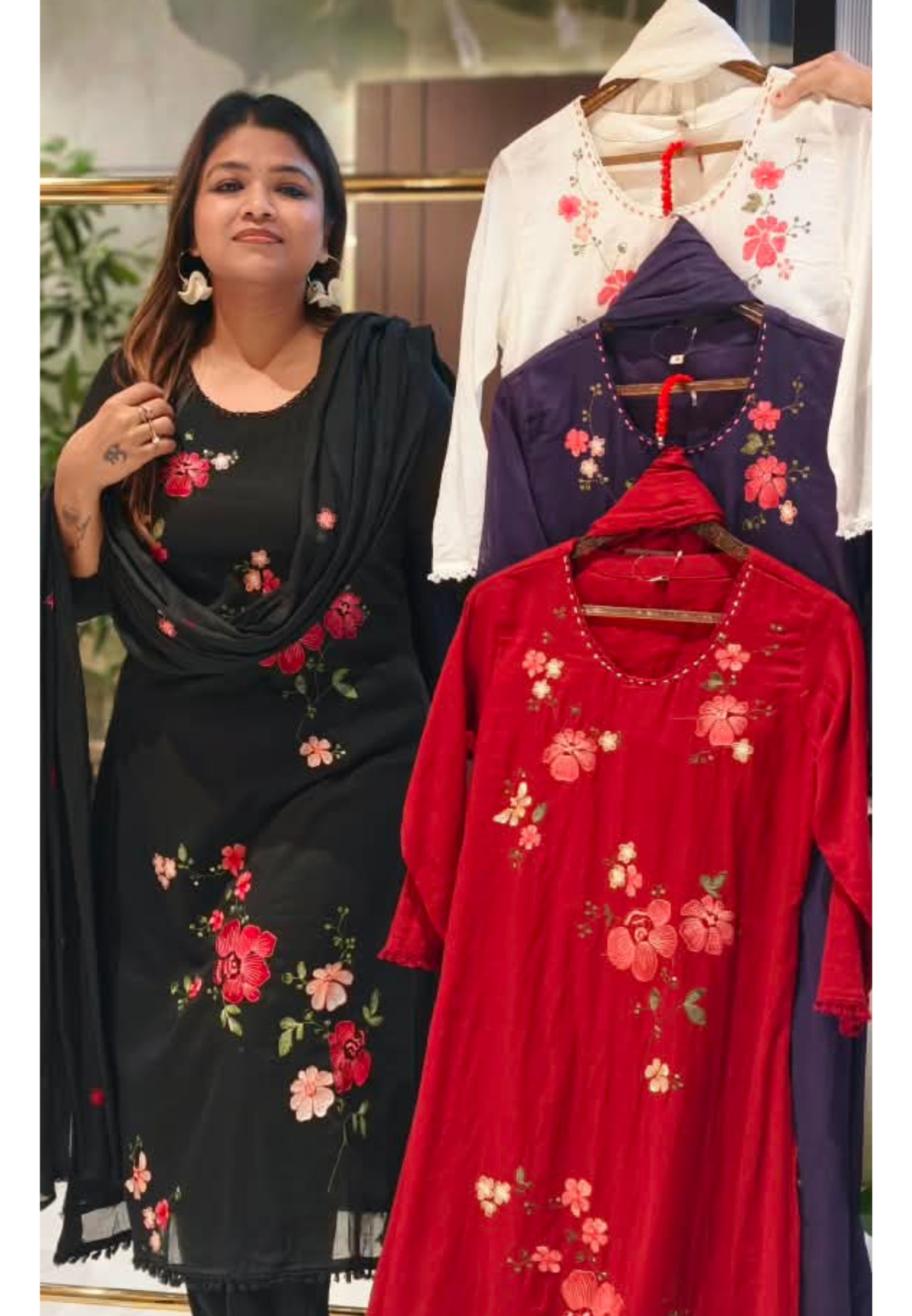 Pure Cotton Intricate Floral Embroidery Solid Shade A-Line Full Suit Set With Dupatta- 16519