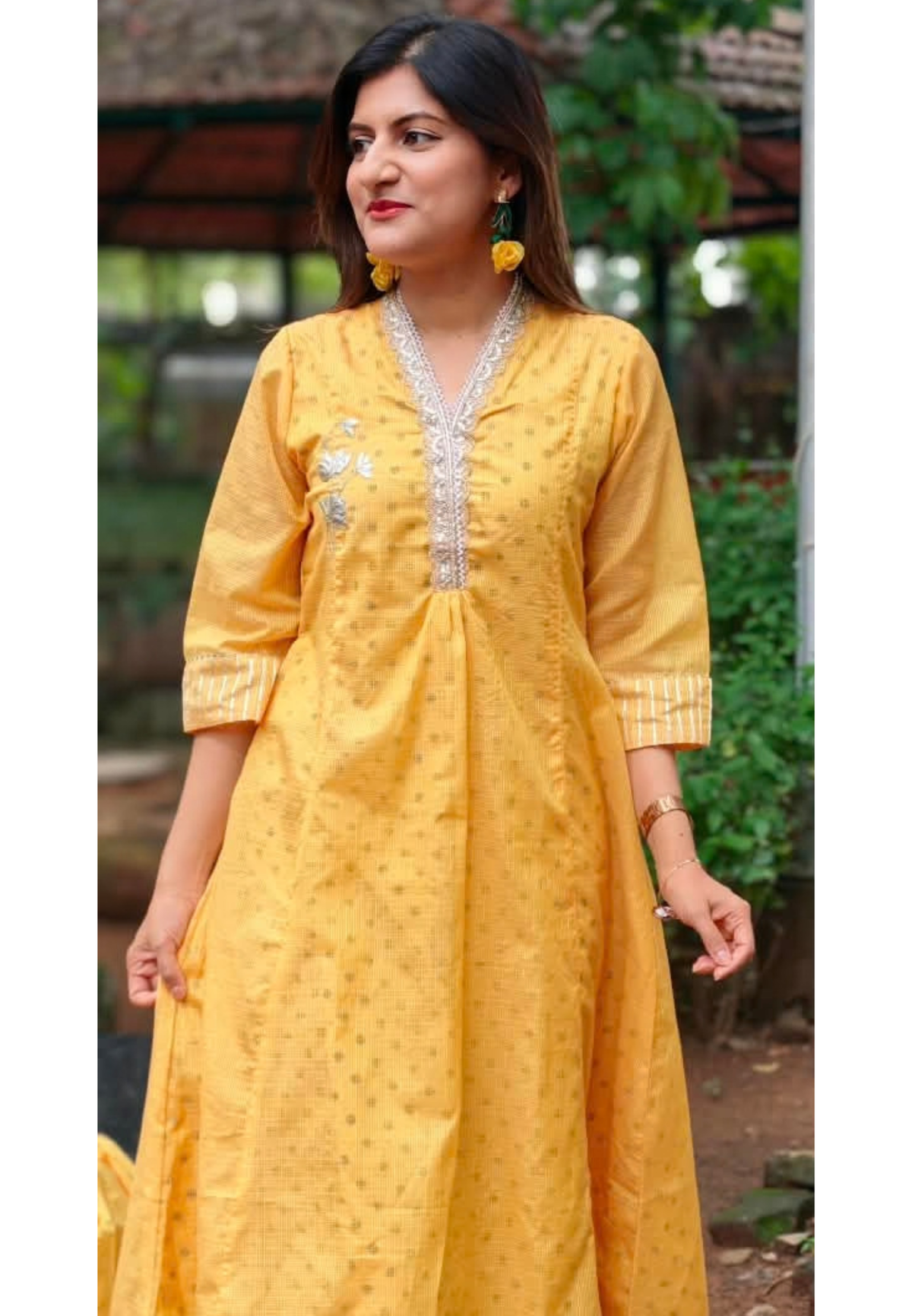 Golden Embossed Lace Detailing Kota Doria Polka Dotted A-Line Kurta Pant Set- 16534