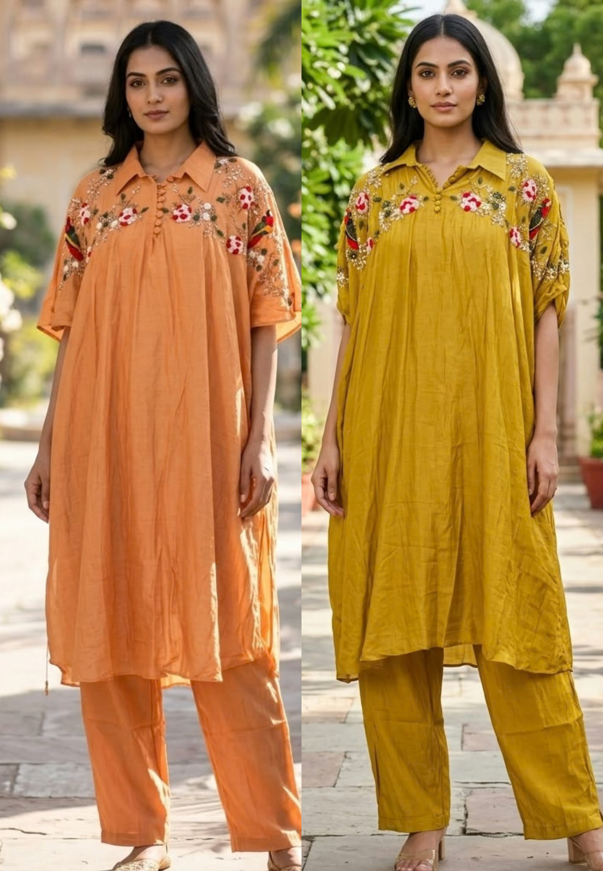Cute Tiny Floral Highlights Over Shoulder Mul-Chanderi Kurta Pant Set- 16302
