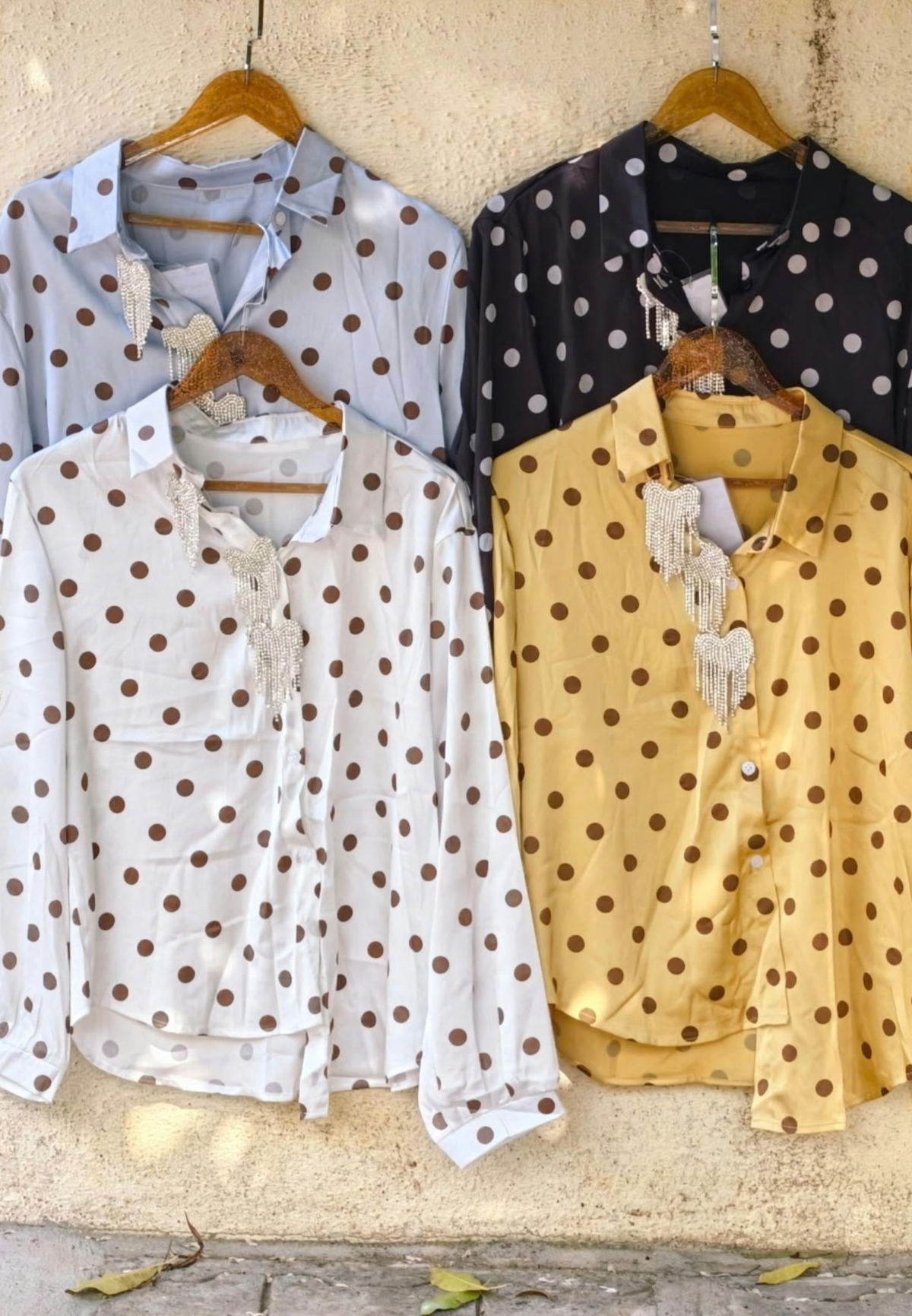 Heart Shaped Syroski Stone Batch Hang Retro Polka Dotted Imported Shirt- 16181