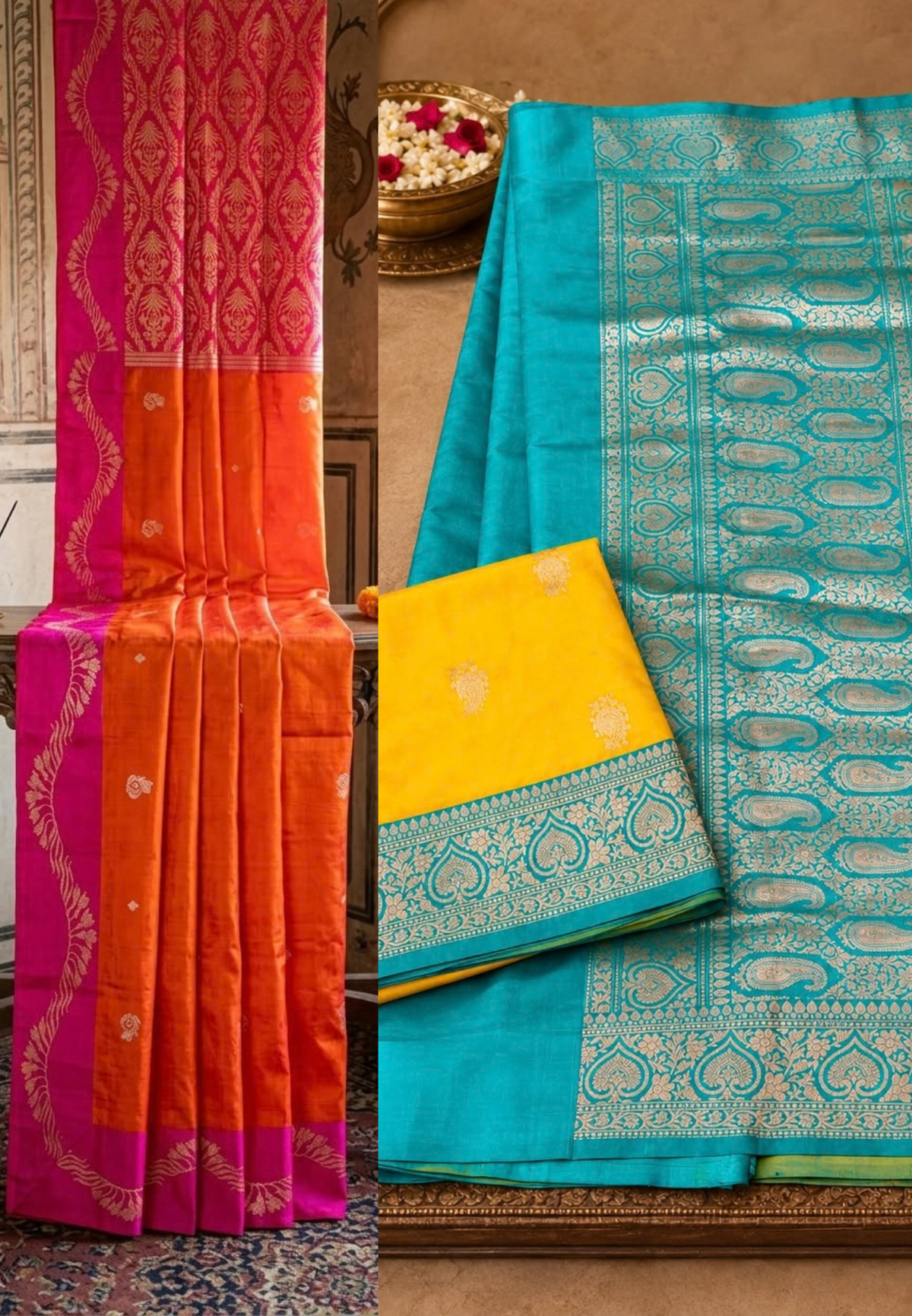 Vibrant Pure Katan Banarasi Handloom Dual-Tone Unstitched Saree with Elaborate Paisley Zari Border- 16547