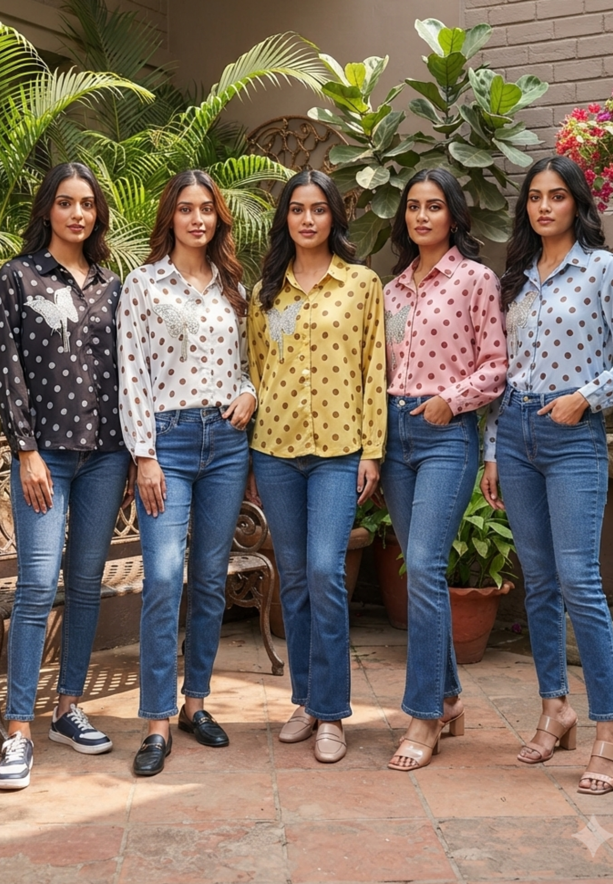 Butterfly Shaped Syroski Stone Batch Hang Retro Polka Dotted Imported Shirt- 16181