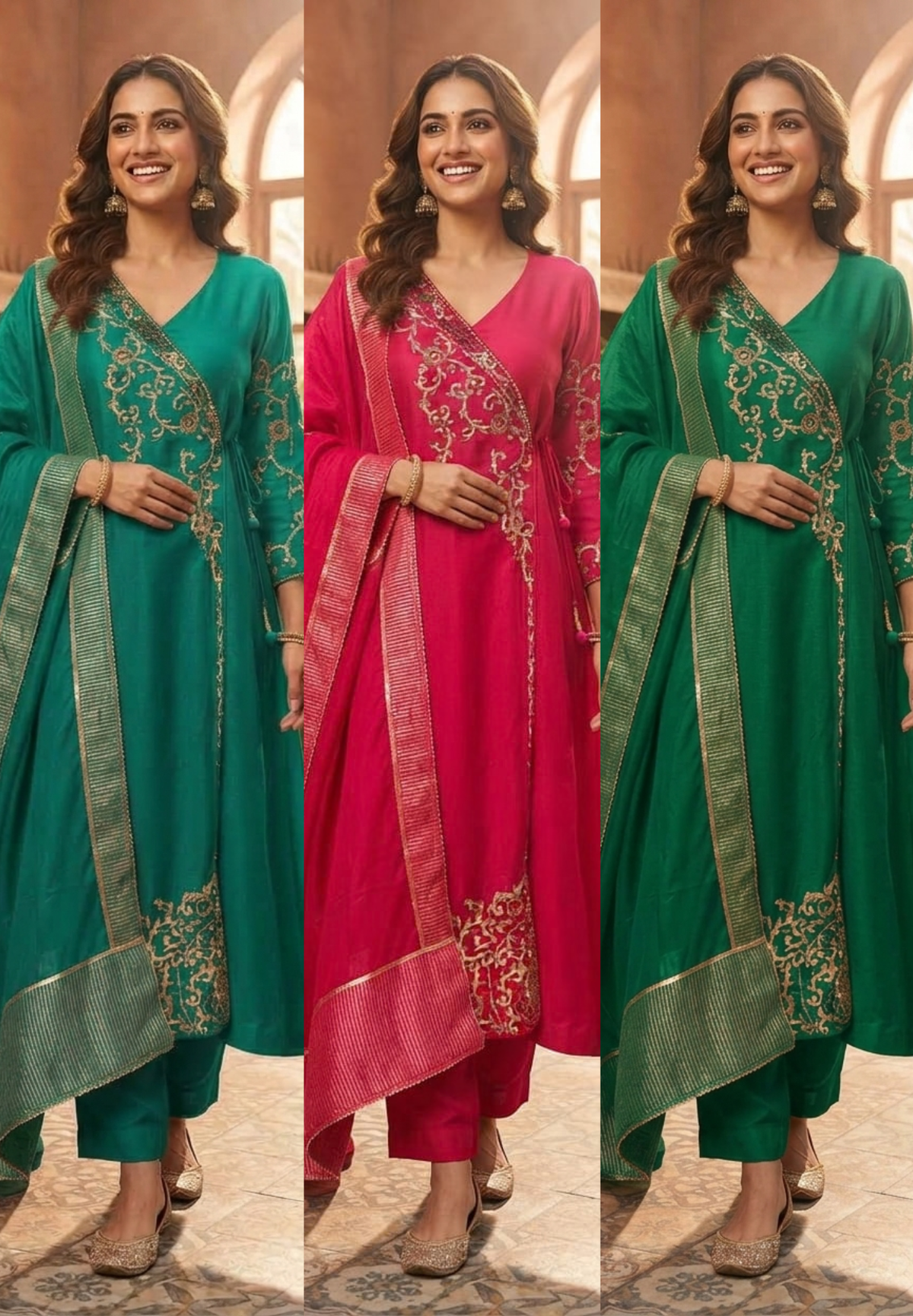Fuschia Pink Sequin Embellished Intricate Embroidered Designer Angrakha Russian Silk A-Line Full Suit Set With Dupatta- 15814
