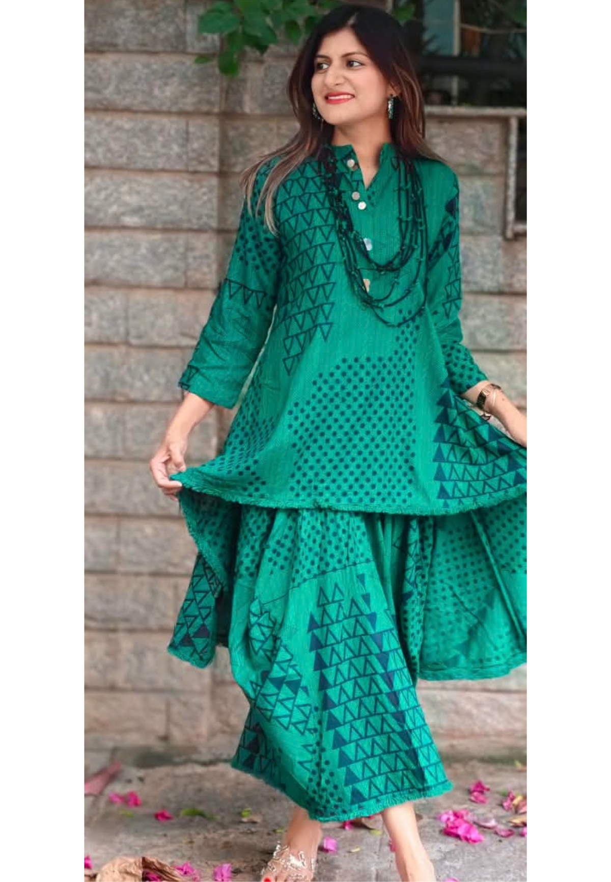 Stunning Geometric Print Cotton Kurta Pant Look Attached Indo-Wear With Threaded Neck Piece- 16572