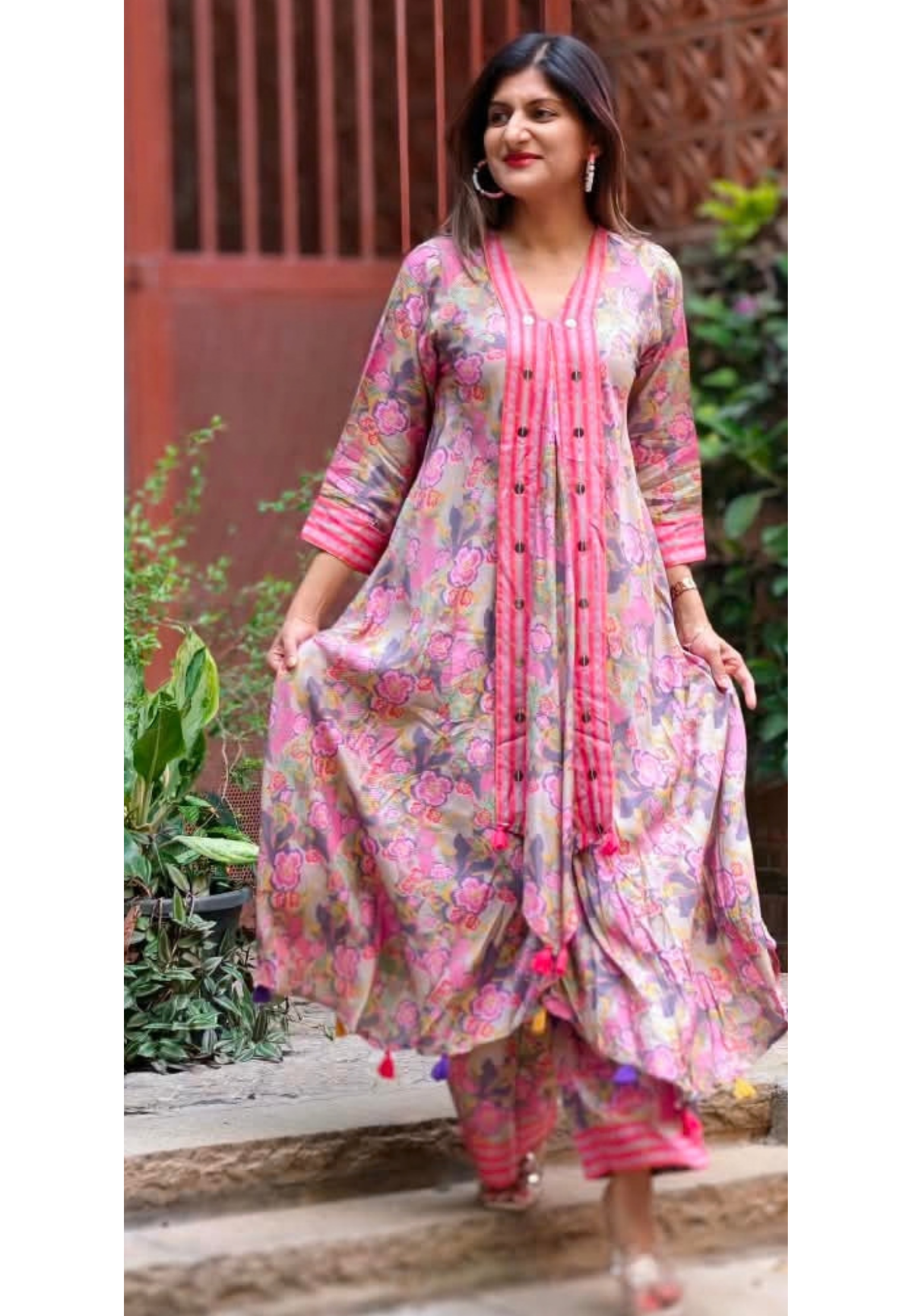 Cheerful Floral Blossom Flap Style Flared Multicolor Kurta With Matching Loose Bottom- 16573