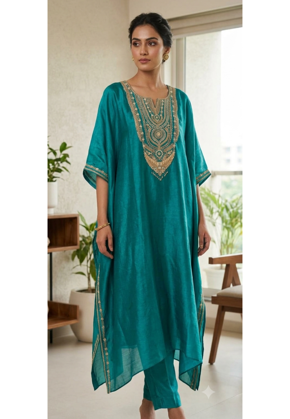 Dabka Zardosi Embroidered Crystal Accented Turquoise Grace Kaftan With Matching Bottom- 16627