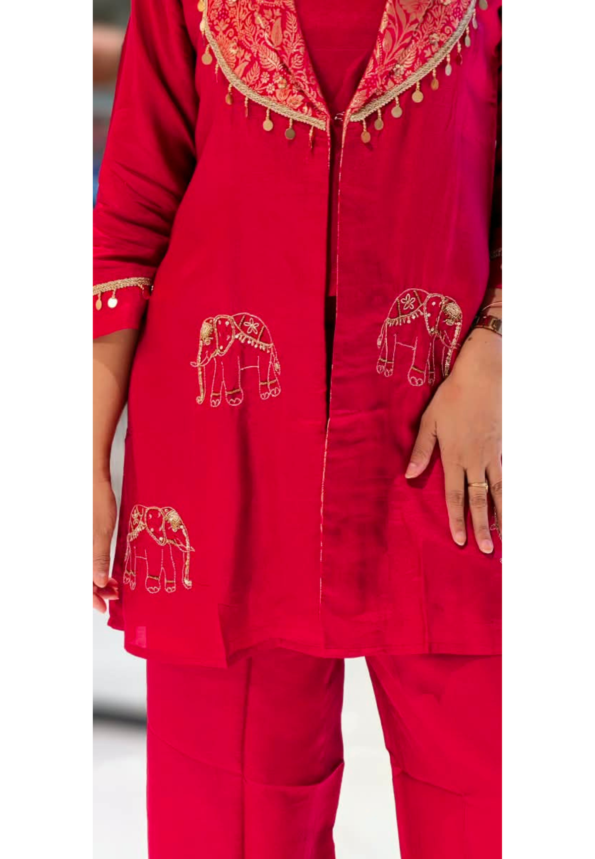 Brocade Flap Coin Tassels Collar With Intricate Elephant Embroidery Bright Co-Ord Set- 16601