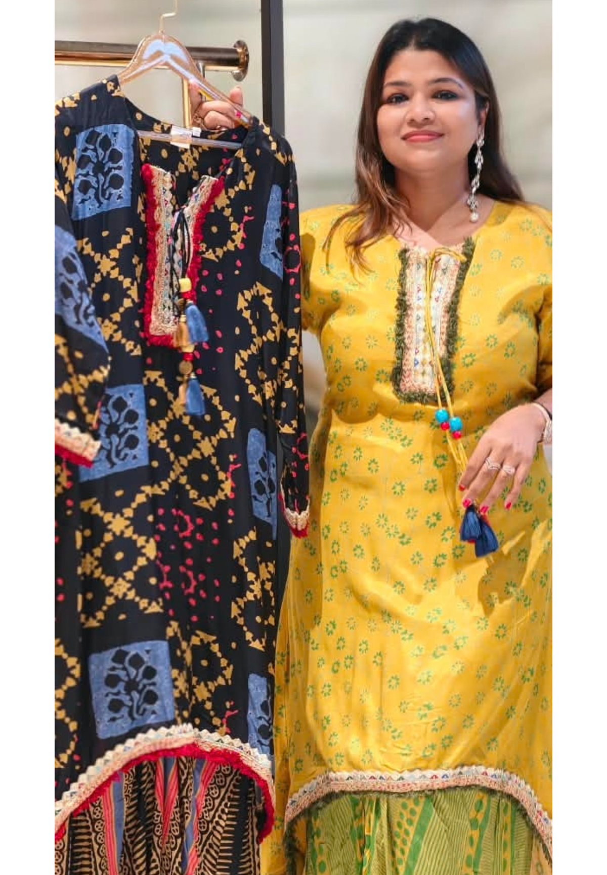 Festive Shimmer Lace Detailing Printed High-Low Tassels Kurta With Abstract Printed Loose Bottom-16579, 16578 (Loose Fit)