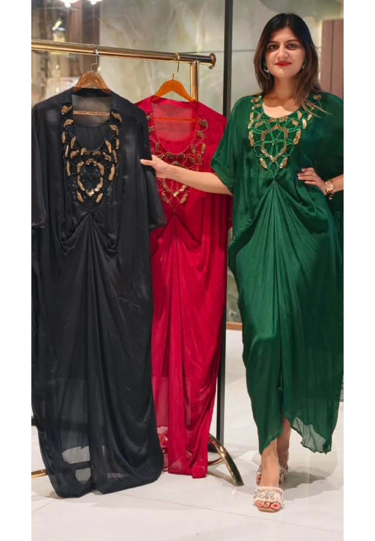 Elegant Kaftan Style Indo-Dress with Gold Hand-Embellished Neckline & Cinch Detailing- 16539
