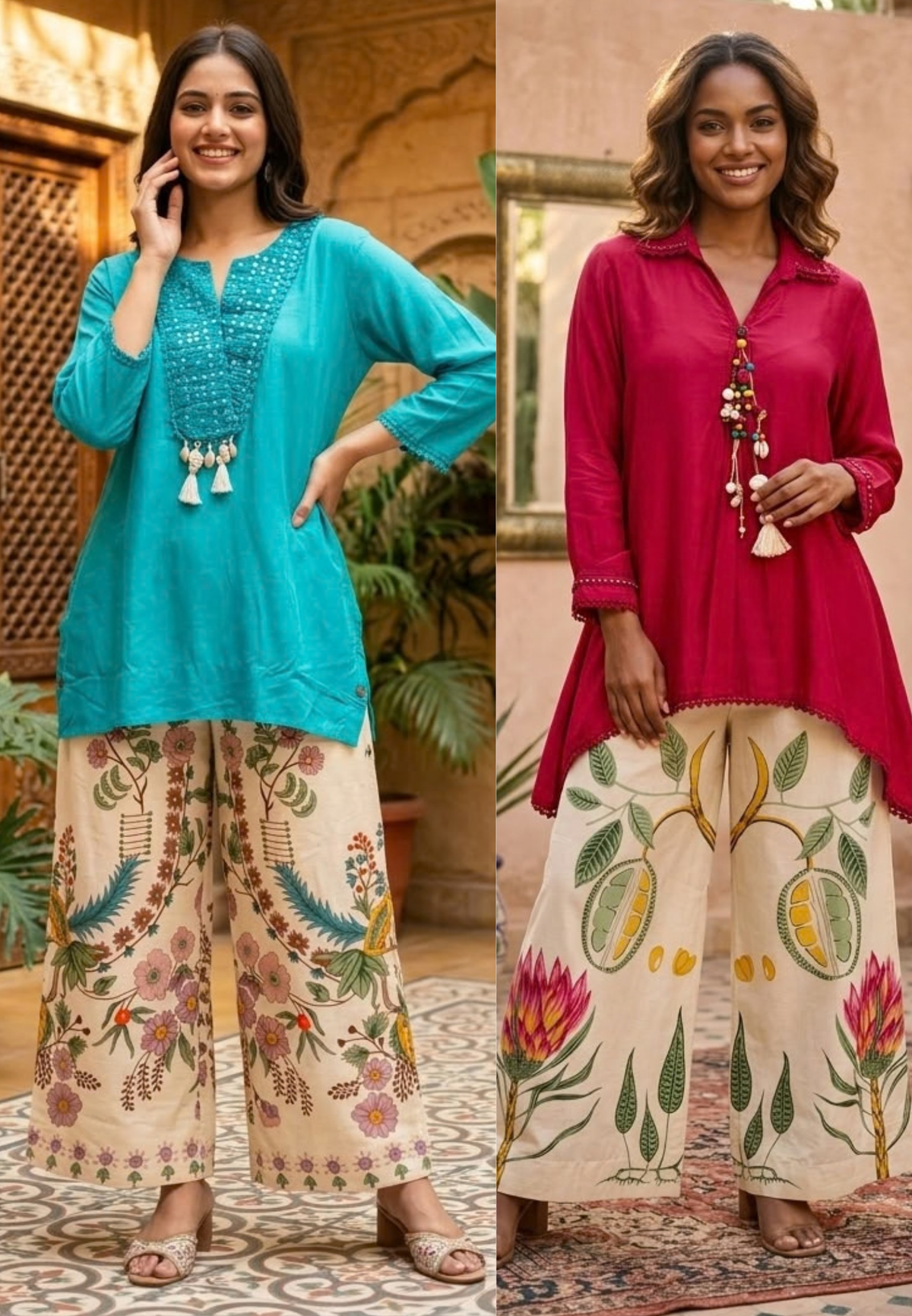 Solid Lace Elegance High-Low Over Side Slit Cowrie Dangle Kurta With Floral Gardenia Printed Loose Bottom- 16576, 16577