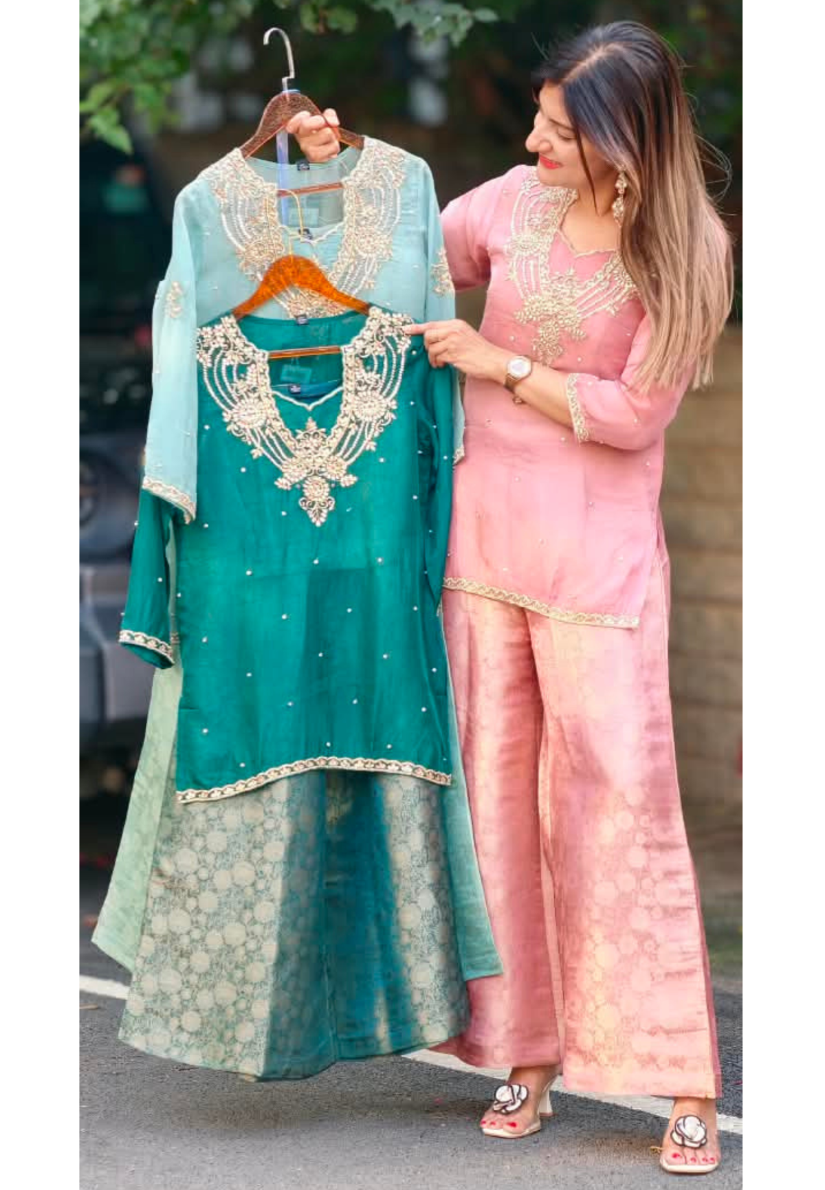 Gotta Beaded Jewel Look Embroidery Bustier Oraganza Kurta With Matching Brocade Loose Bottom- 16582