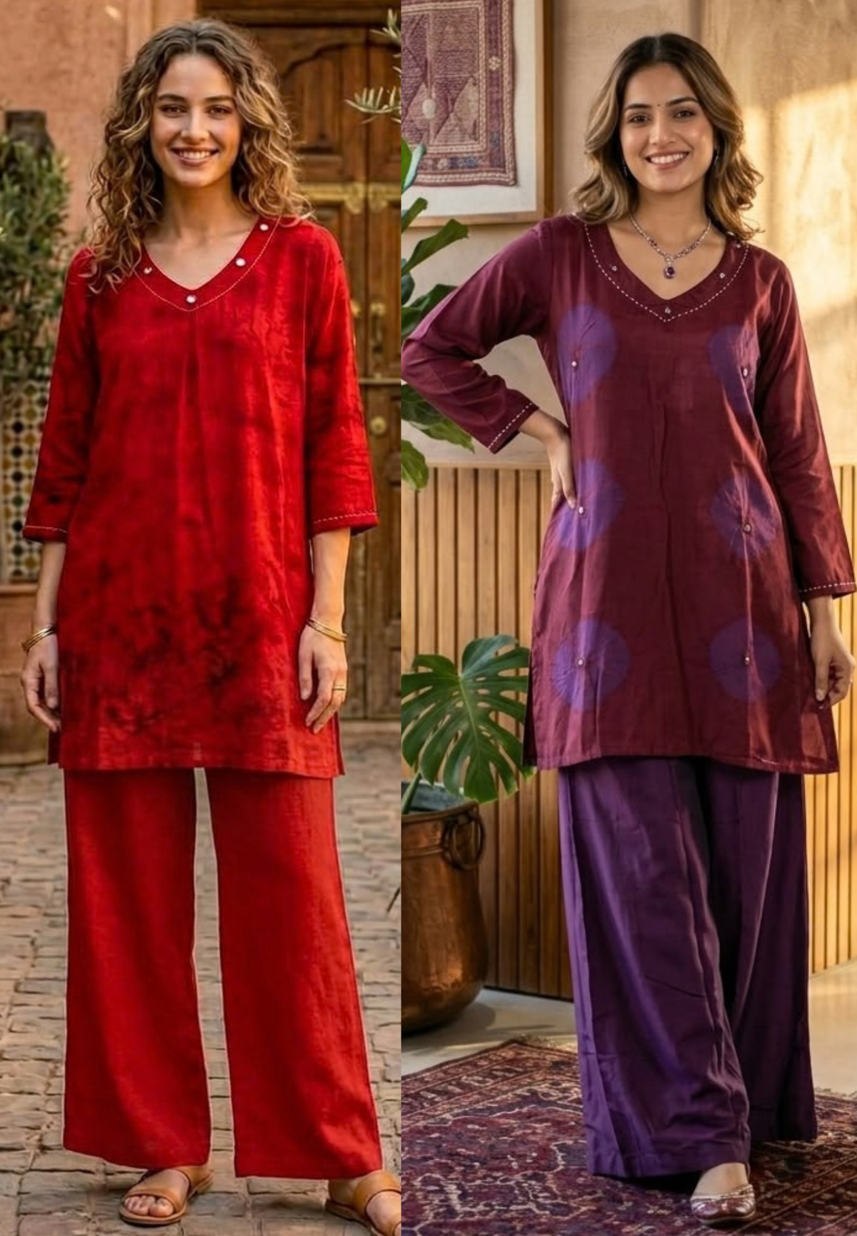 Tie-Dye Textured Kurta with Embroidered V-Neckline & Wide-Leg Pants Co-Ord Set- 16561
