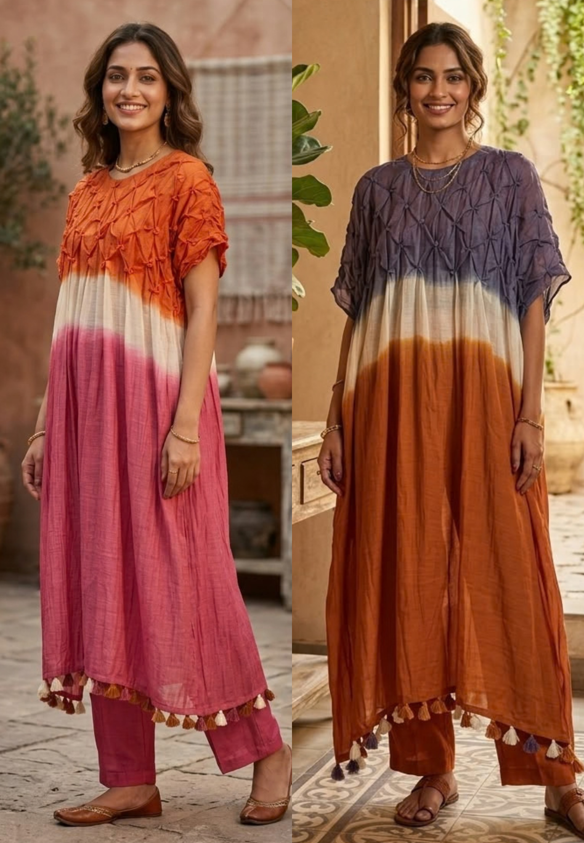 Dual-Tone Smocked Ombre Kaftan Kurta with Tasseled Hem & Matching Straight Pant Set- 16541