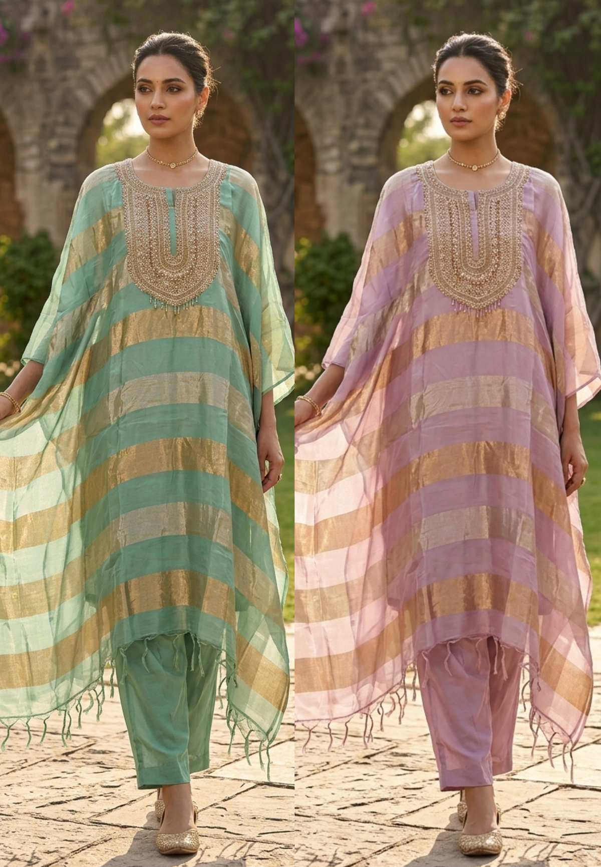 Pure Tissue Golden Metallic Striped Kaftan Set with Heavy Yoke Embroidery & Matching Bottom- 16625