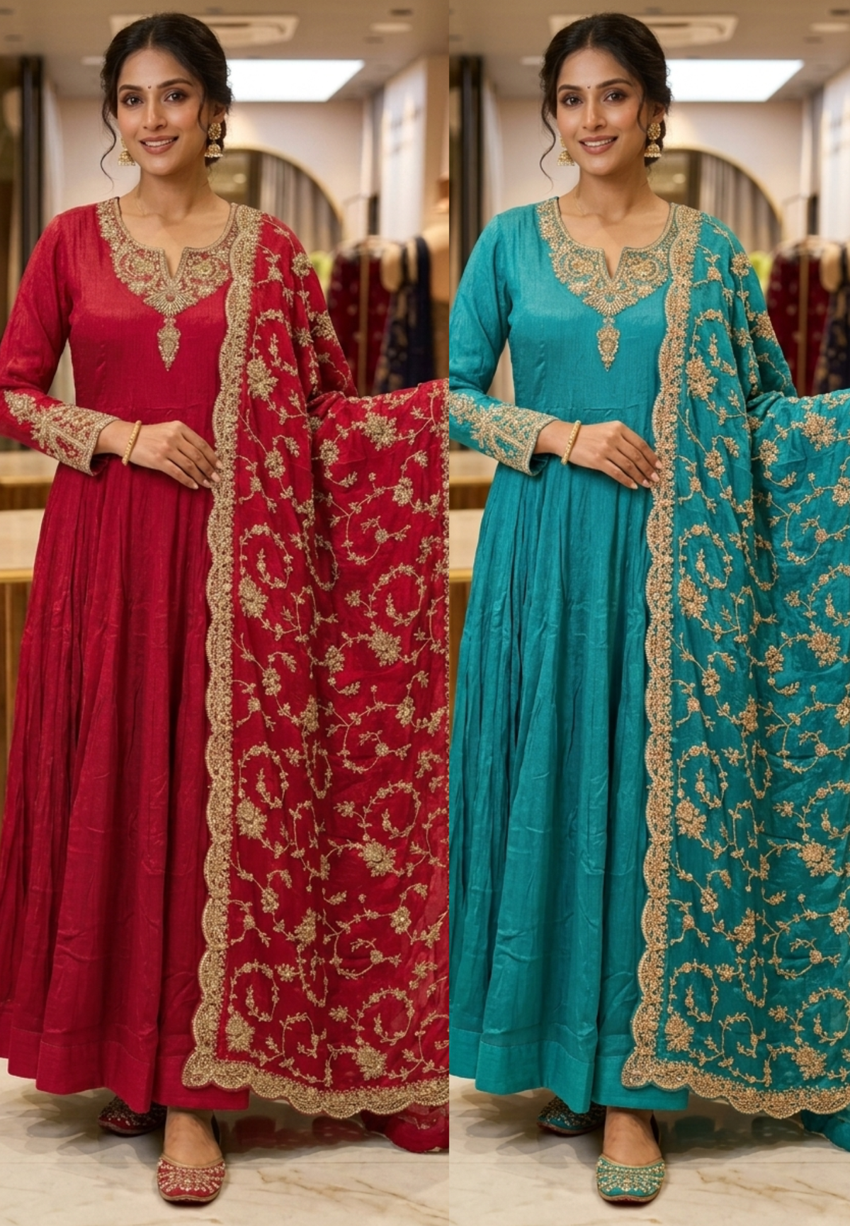Traditional Gold Metallic Hand Embellished Chinon Panel Anarkali Suit With Dense Scalloped Cutwork Dupatta- 16617