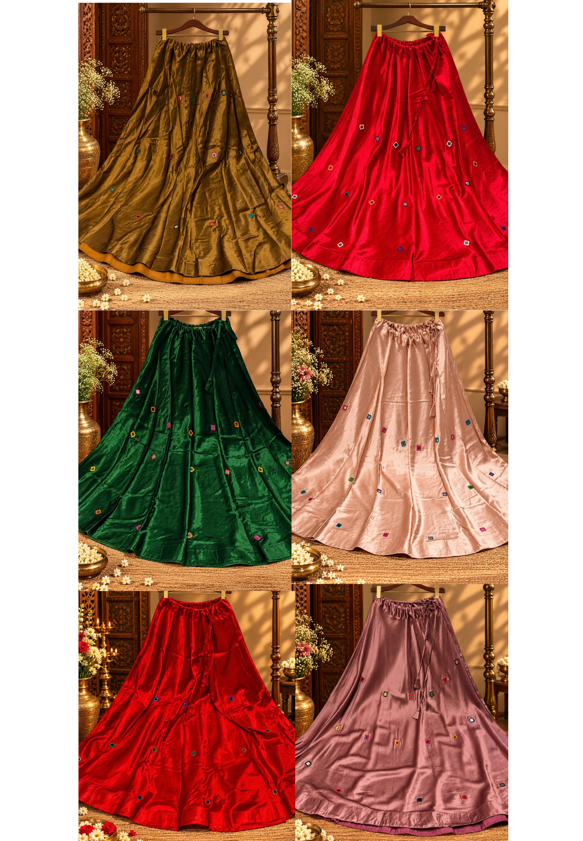 Gajji Silk Butter Soft Shiny Flared Skirt With Real Mirror Multicolor Thread Embroidery Upwork-