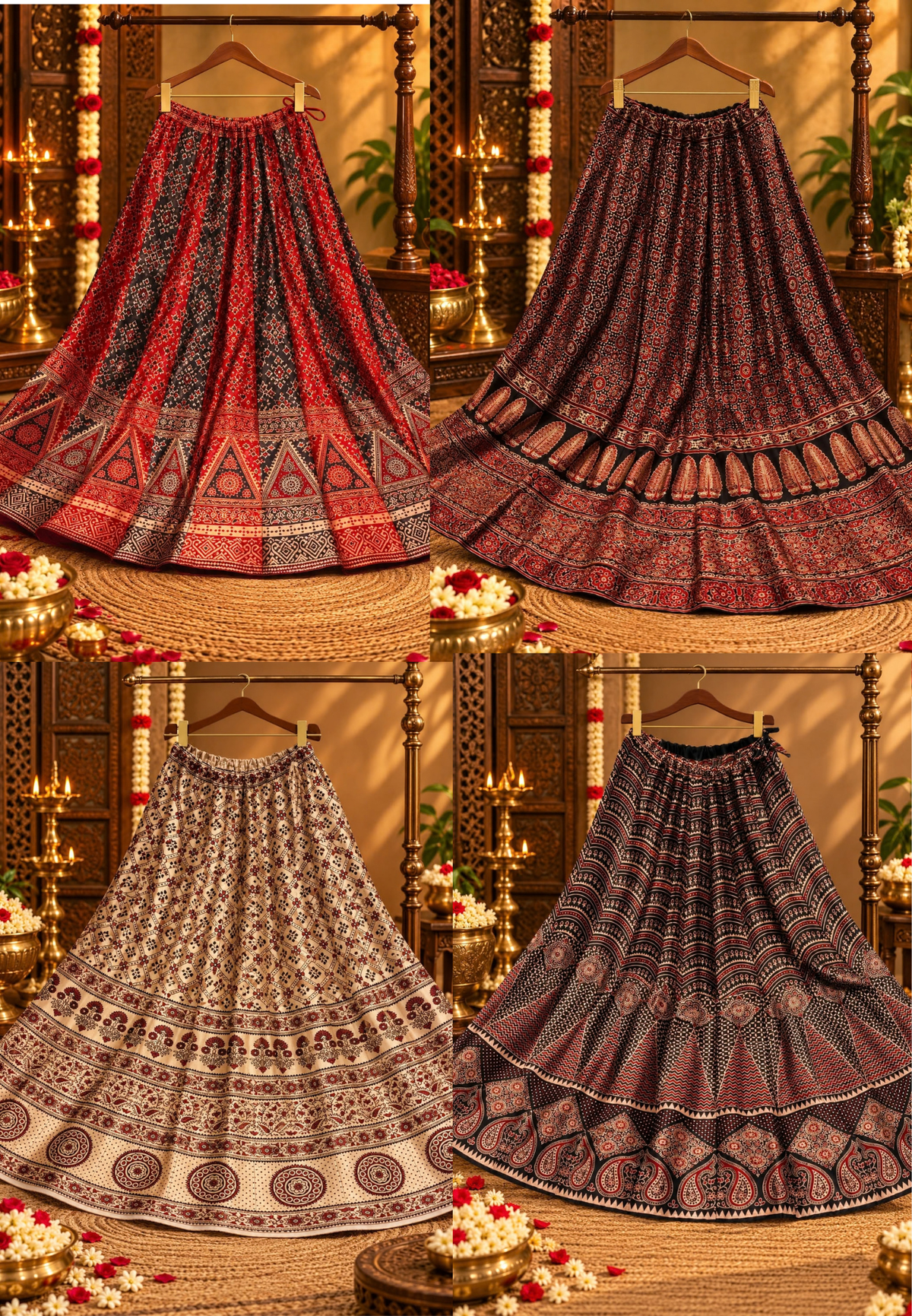 Multi Traditional Print Flared Butter Shine Gajji Silk Ethnic Panel Skirt- 16651