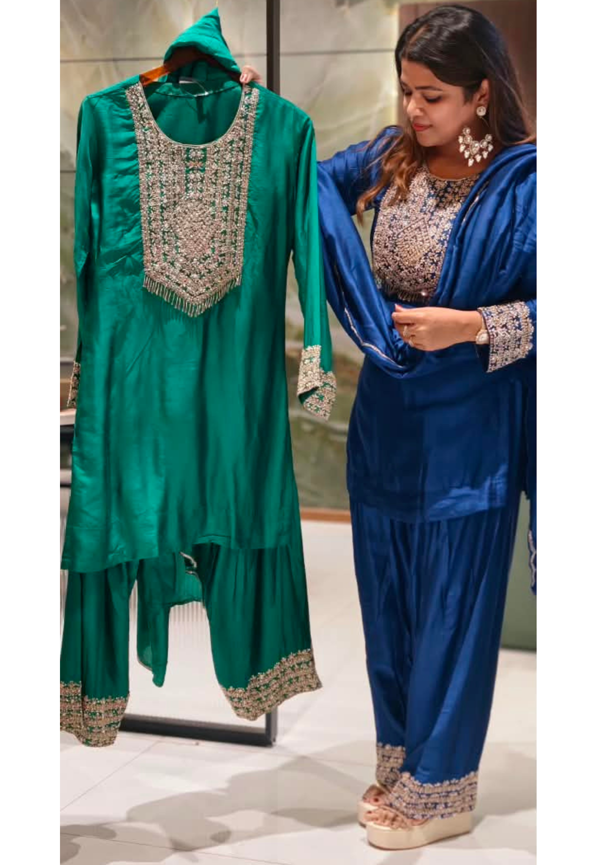 Pittan Work Hand-Embroidered Beaded Fringe Yoke Short Length Kurta With Farshi Bottom & Matching Dupatta In Russian Silk Fabric- 16624