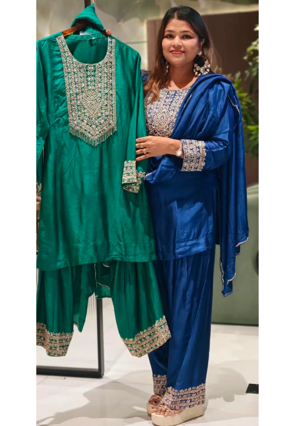 Pittan Work Hand-Embroidered Beaded Fringe Yoke Short Length Kurta With Farshi Bottom & Matching Dupatta In Russian Silk Fabric- 16624