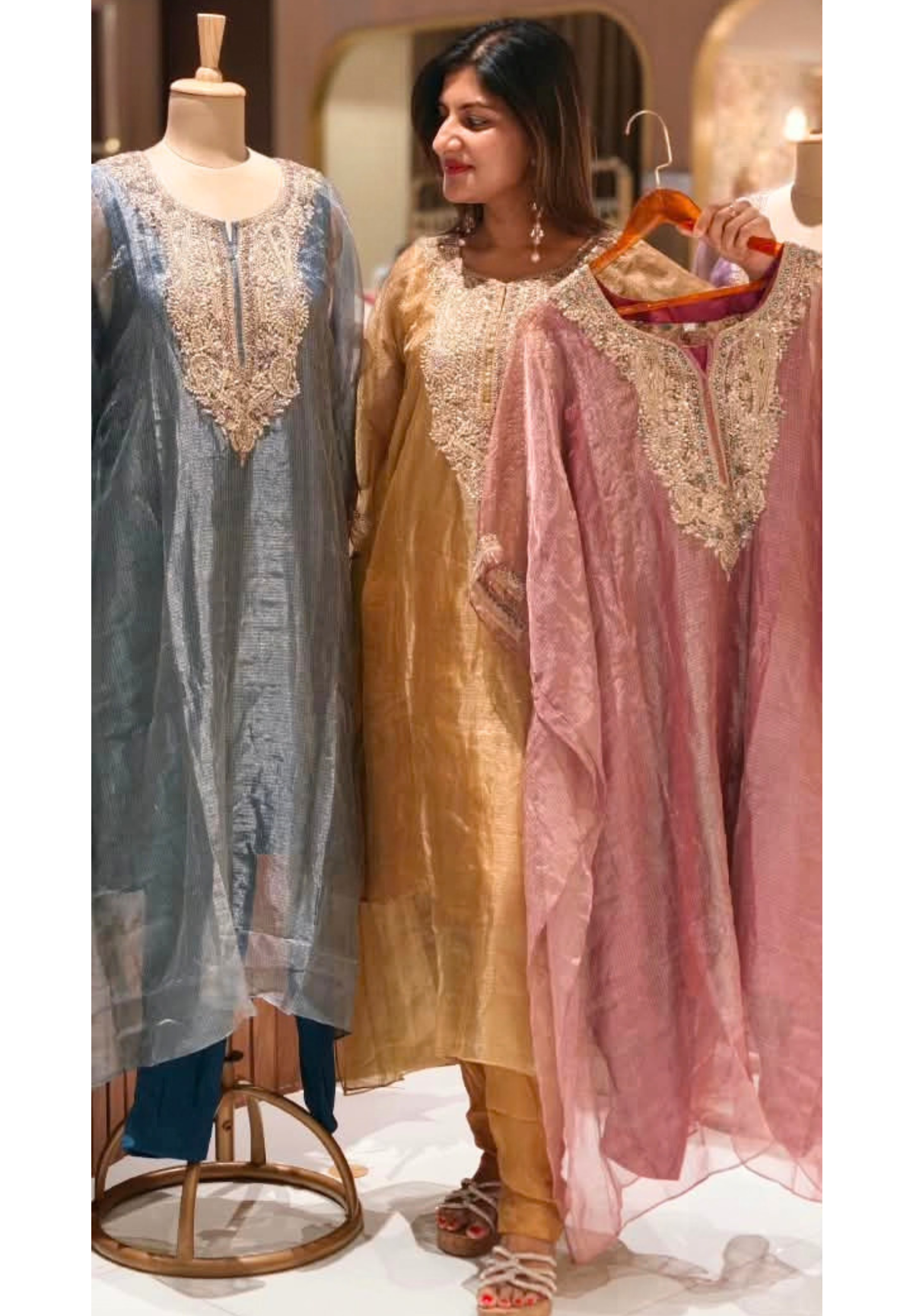 Delicate Floral Teardrop Intricate Hand Embroidery Pure Tissue Checks Touch Kaftan With Matching Bottom- 16634