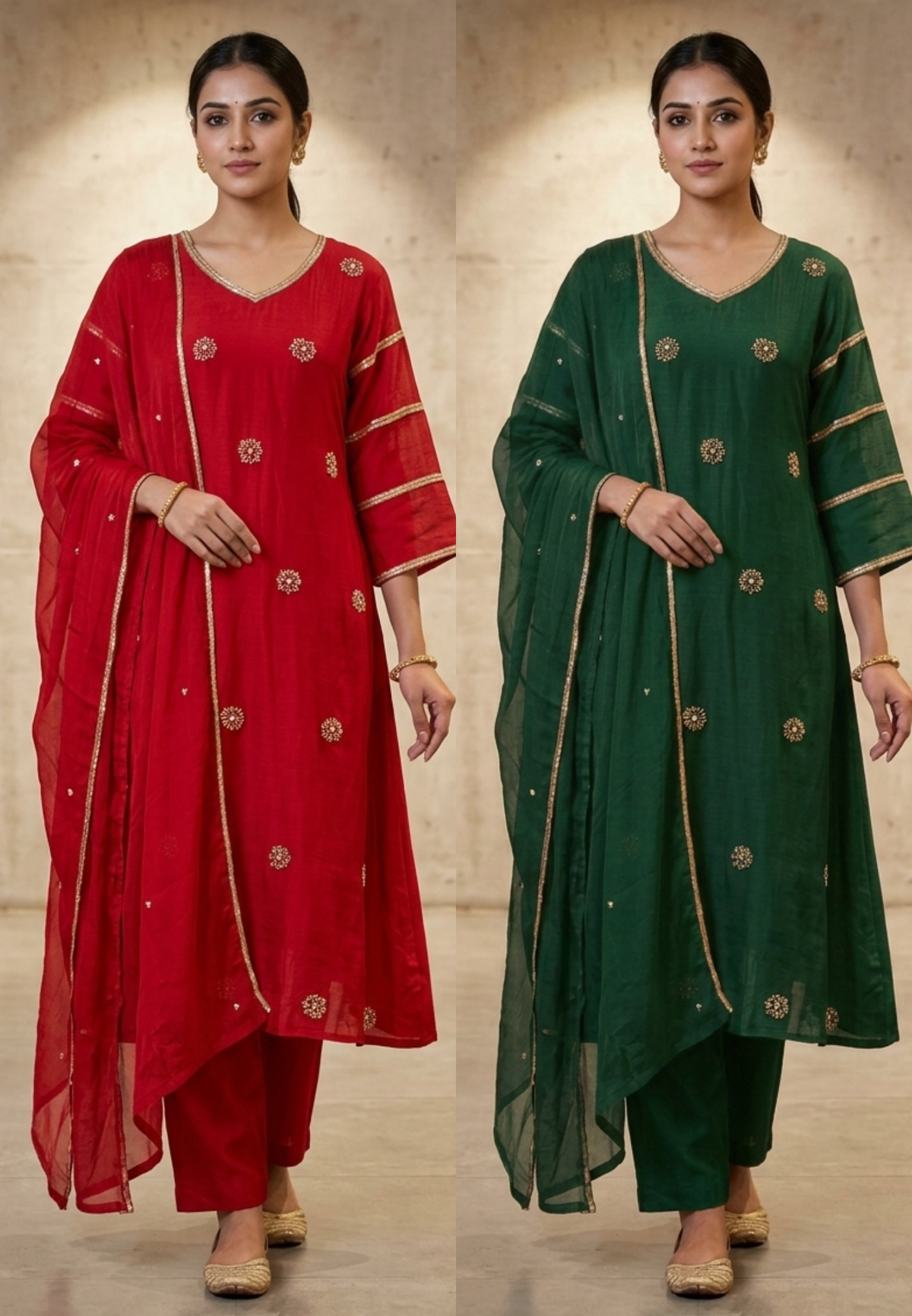 Crimson Green A-Line Full Suit Set with Floral Booti Sequins Work & Embroidered V-Neckline In Mul-Chanderi Fabric- 16587