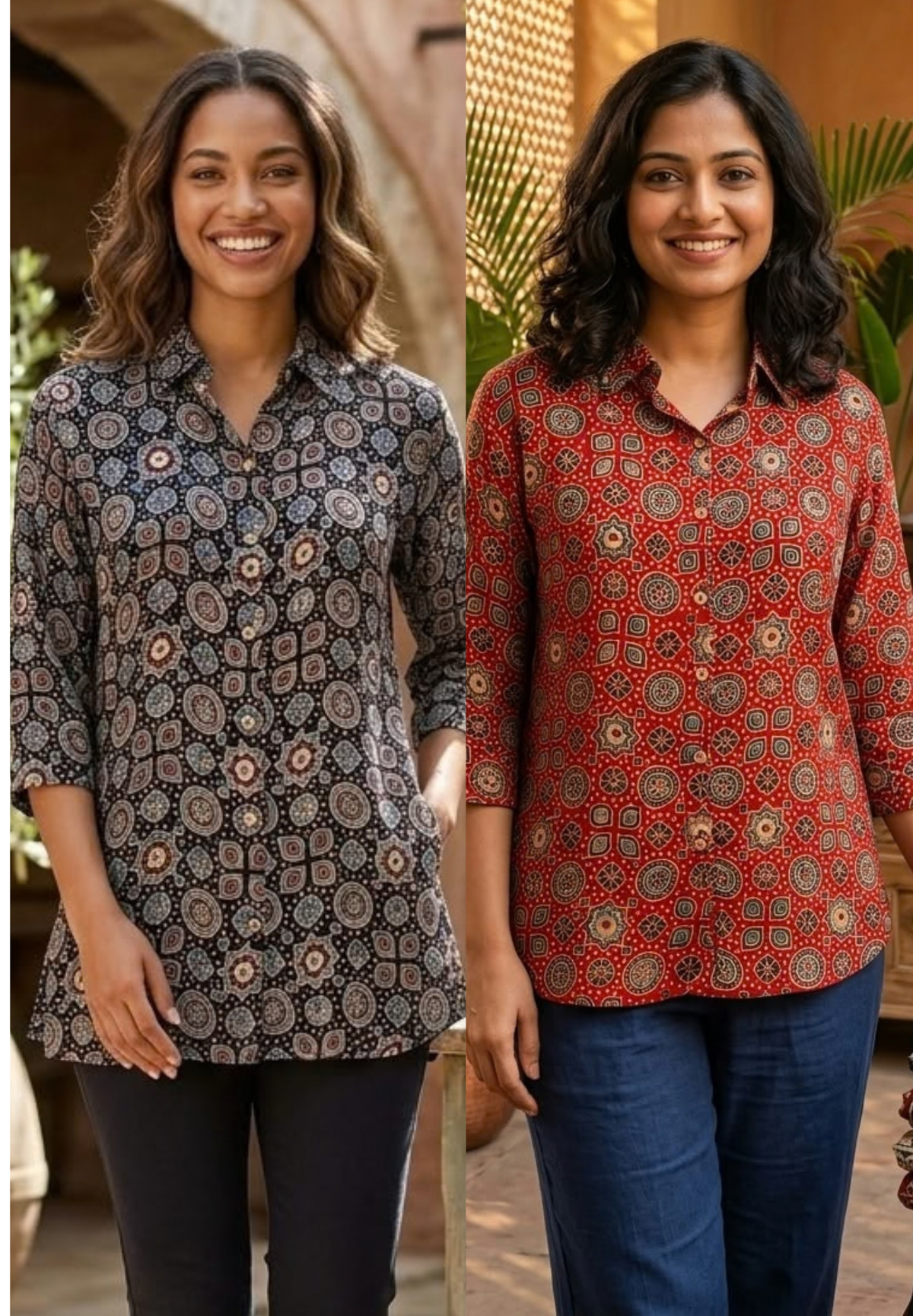 Modal Satin Multi Printed Ajrakh Flowy Regular Shirts 16653