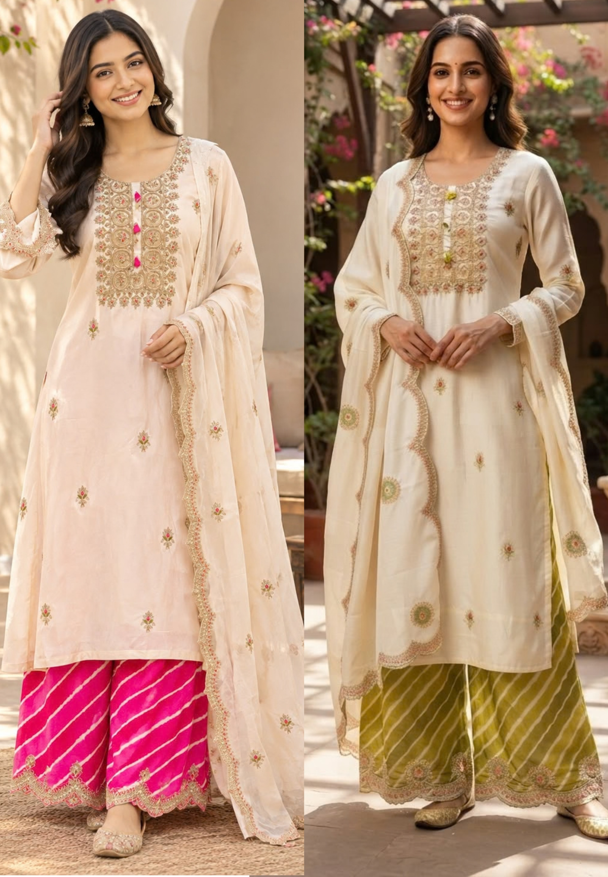 Russian Silk Vibrant Lehriya Bottom Embroidered Full Suit Set with Organza Dupatta- 16661
