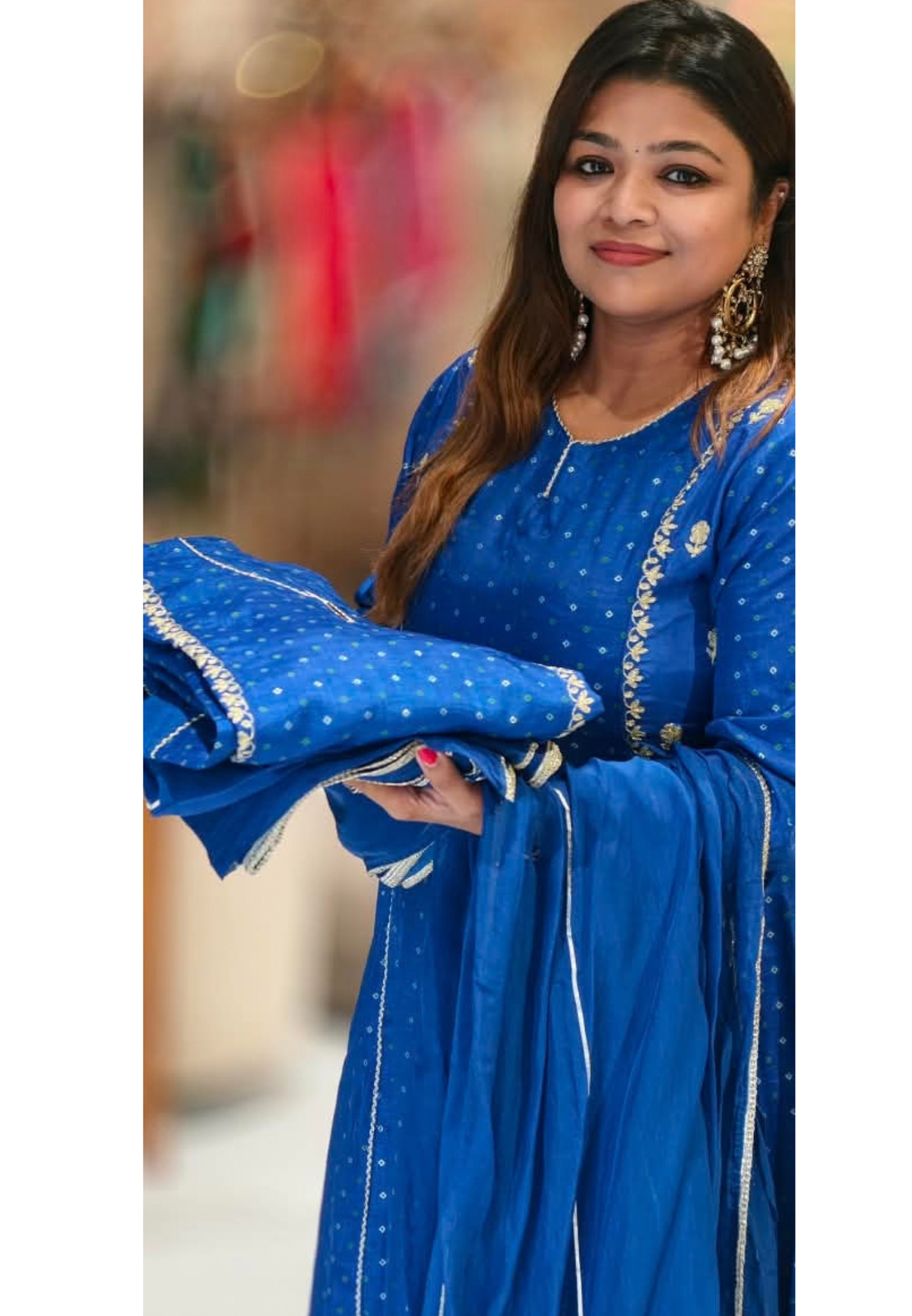 Electric Blue Russian Silk Bandhej Print With Elegant Minimal Motifs A-Line Full Suit Set With Dupatta- 16670