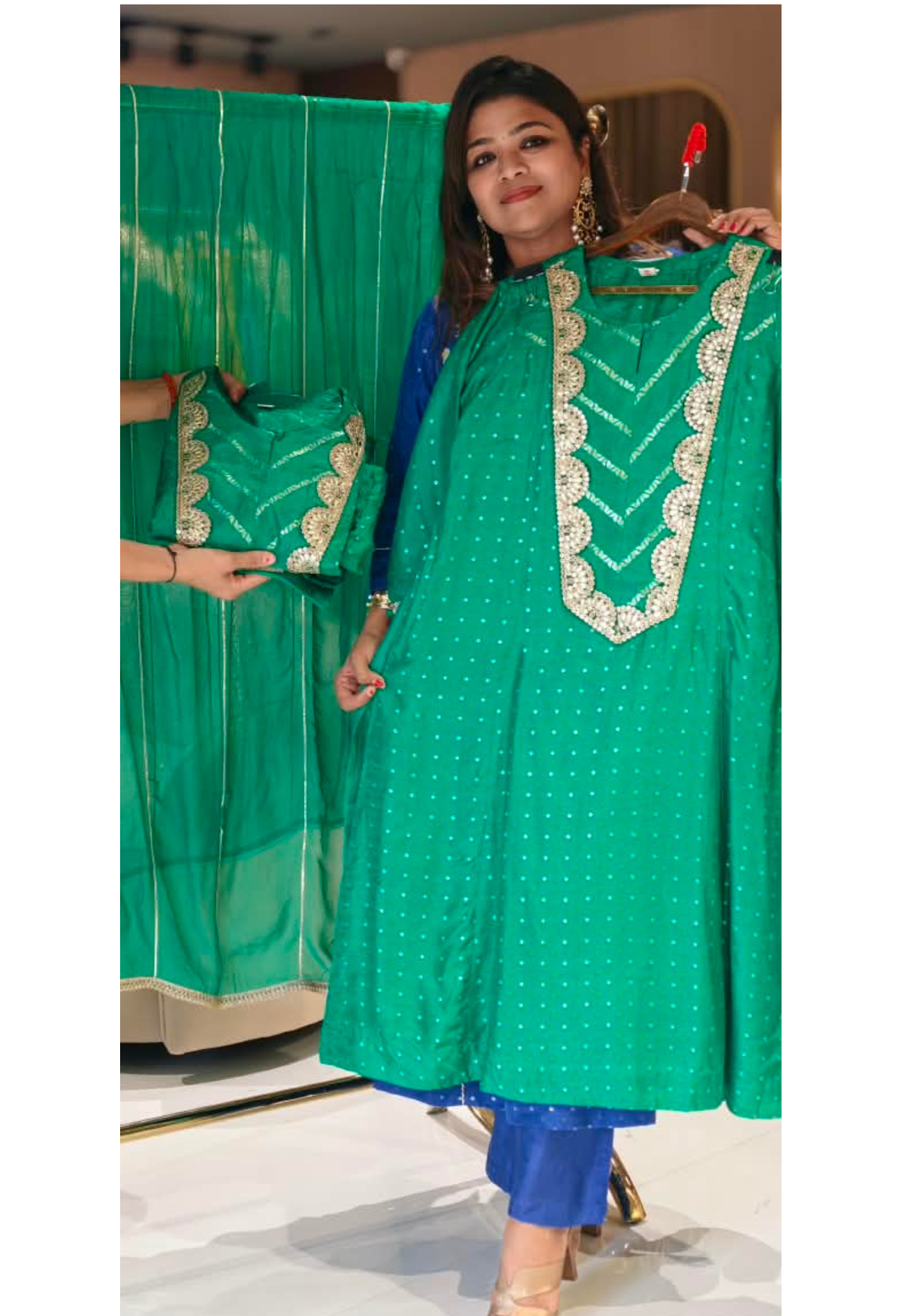 Russian Silk Vibrant Emerald Green Gota Patti Yoke With Bandhani Print Full Suit Set with Dupatta- 16671