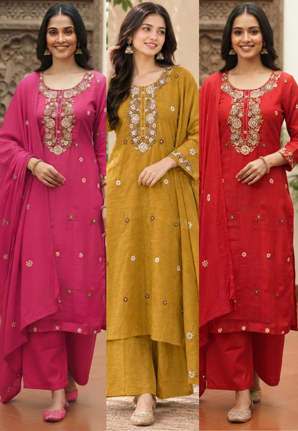 Floral Thread Embroidered with Mirror Work Surat Mul-Chandri Full Suit Set With Dupatta- 16678