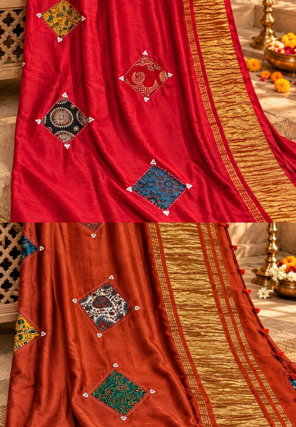 Elegant Mural Satin Saree with Artisanal Patchwork Detailing & Unstitched Blouse-16647