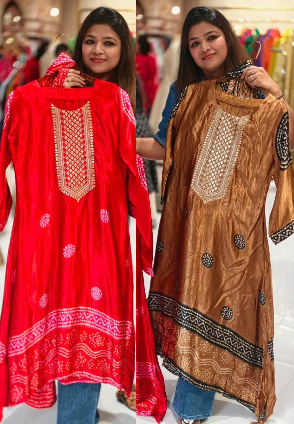 Pure Gajji Silk Bandhani Print Embroidered Neck Full Suit With Gajji Silk Dupatta and Bottom- 16685