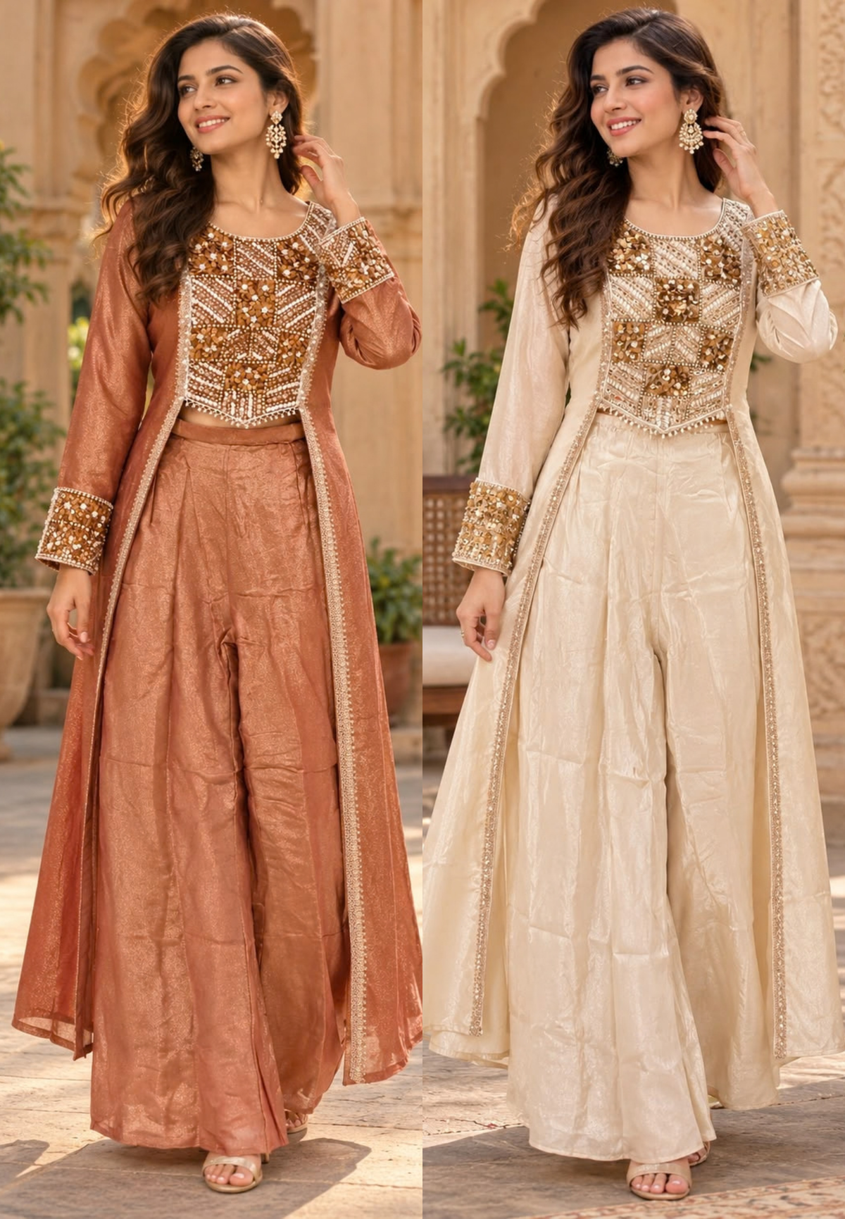 Embroidered Yoke Stylish Sleeves Tissue Fabric Indo-Western Top With Loose Bottom- 16726