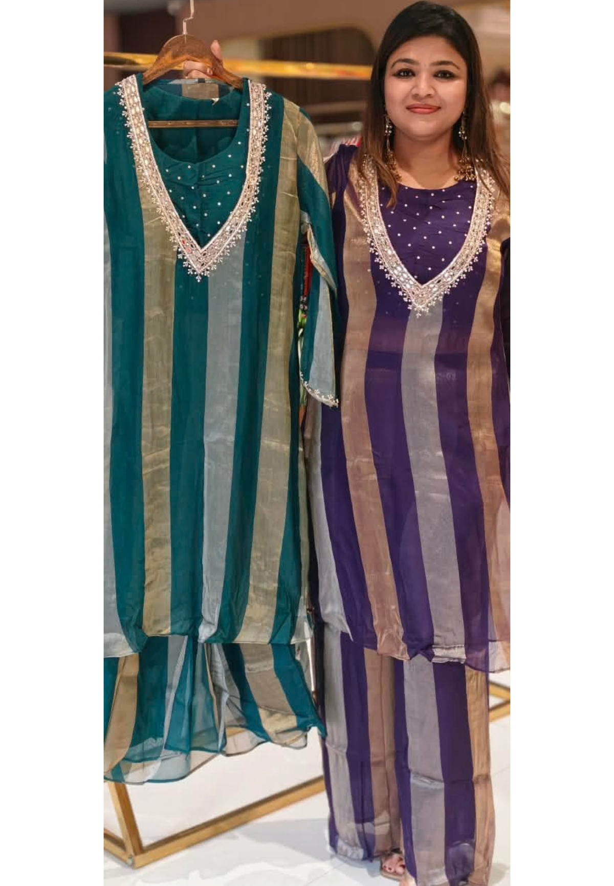 Elegant Yoke-Line Embroidered Outer Kurta With Matching Bustier & Loose Bottom- 16743