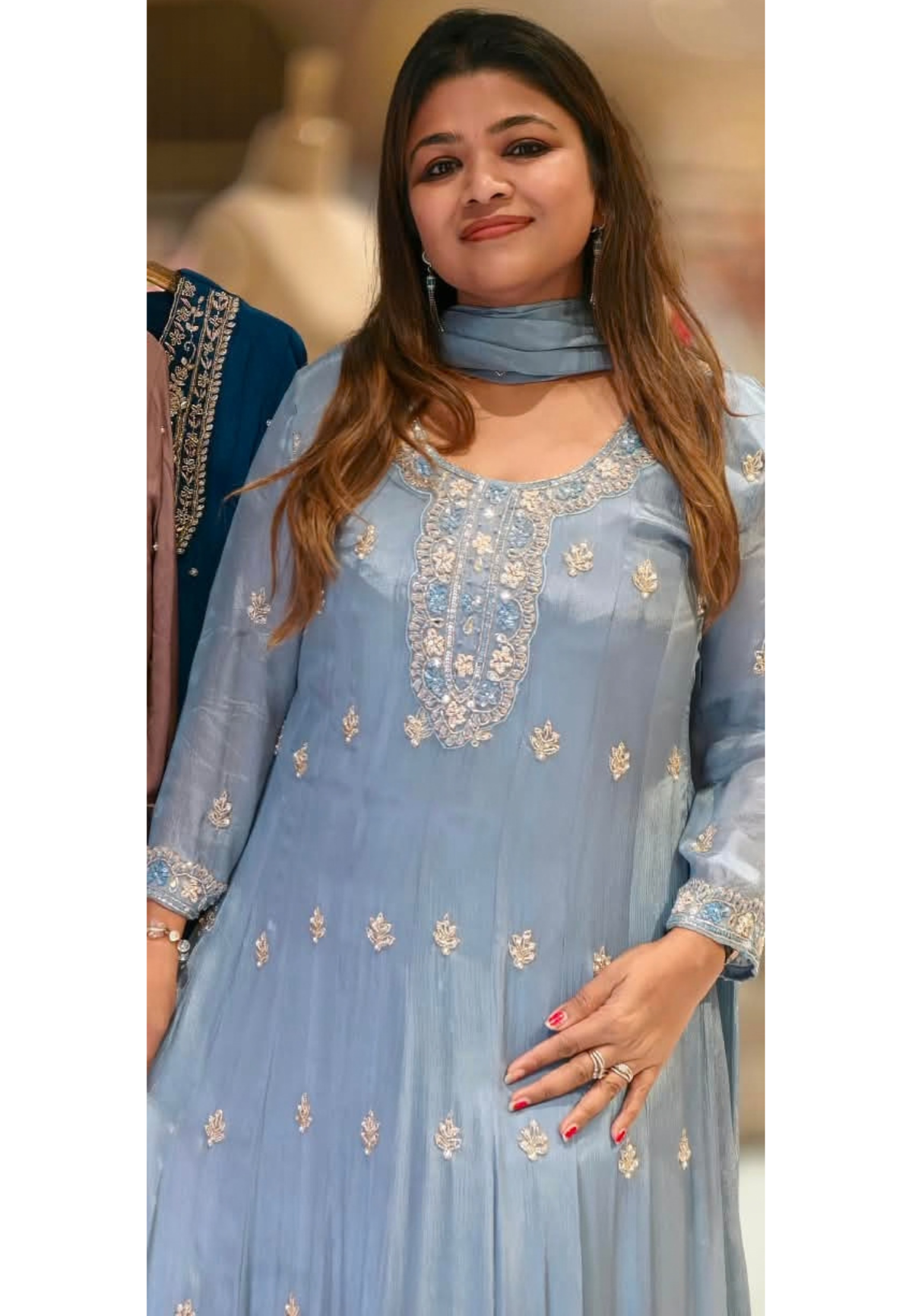 Heavy Beaded Embroidered Chinon Kali Cut Grey Panel Anarkali Full Suit Set With Dupatta- 16667