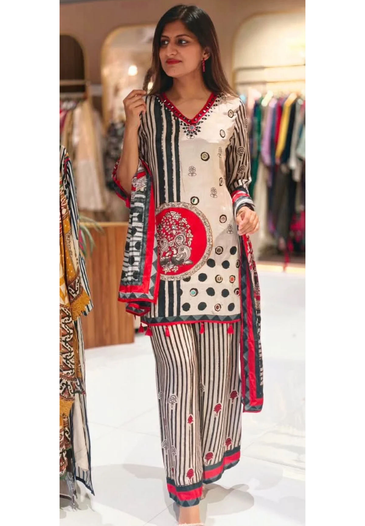 Pure Crepe Black White Inspired Tassel Accent Short Length Kurta Full Suit Set With Dupatta- 16900