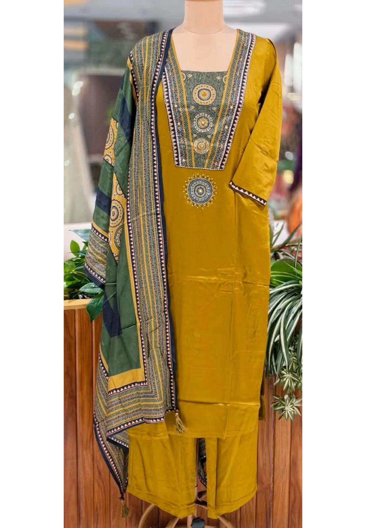 Trible Print Cotton Silk Embroidered Patch Yoke Full Suit with Pockets And Contrast Printed Muslin Dupatta 16808