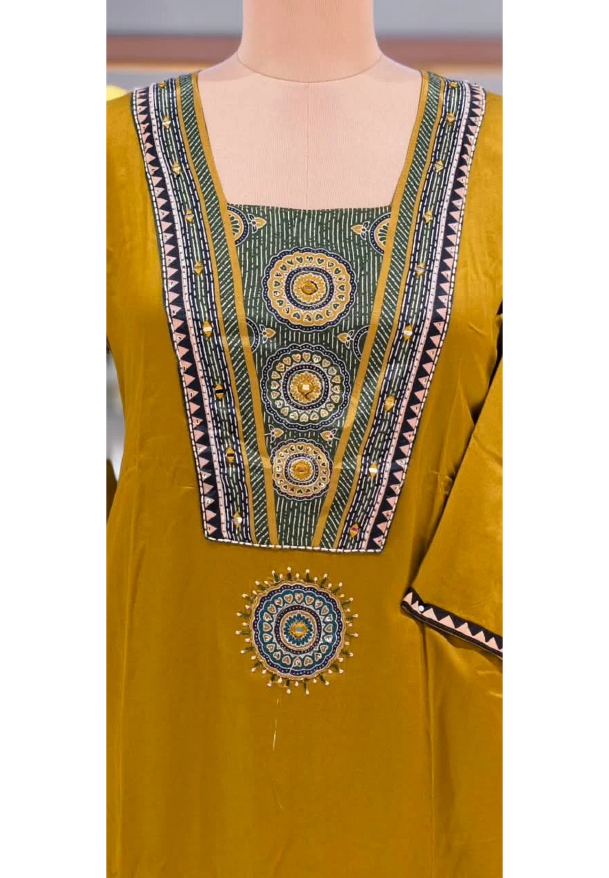 Trible Print Cotton Silk Embroidered Patch Yoke Full Suit with Pockets And Contrast Printed Muslin Dupatta 16808