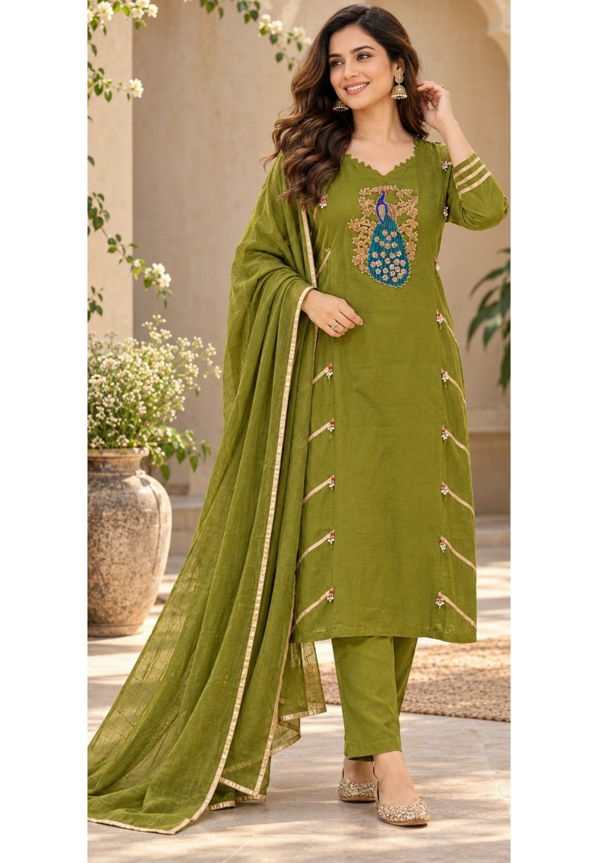 Pure Mulchanderi Elephant Embroidered Gotta Work Aline Full Suit Set- 16946