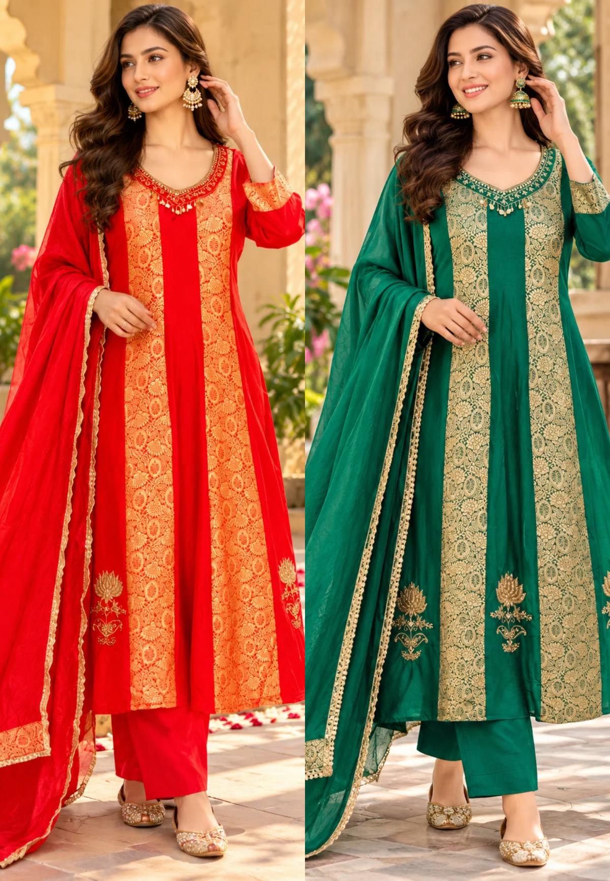 Russian Silk Brocade Panel Aline Elegant Full Suit Set- 16776