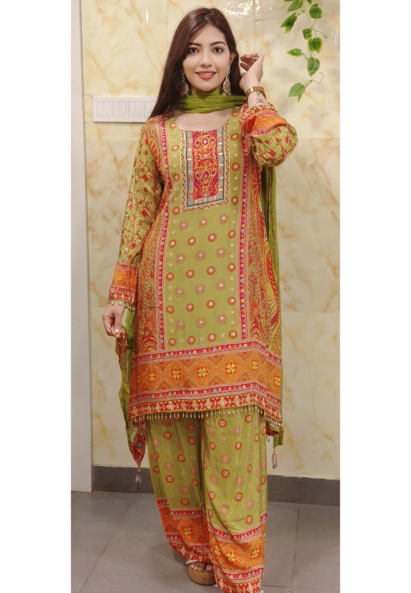 Meadow Grace Green Pure Crape Mirror & Zardosi Embroidered Suit with Palazzo Pants-09212