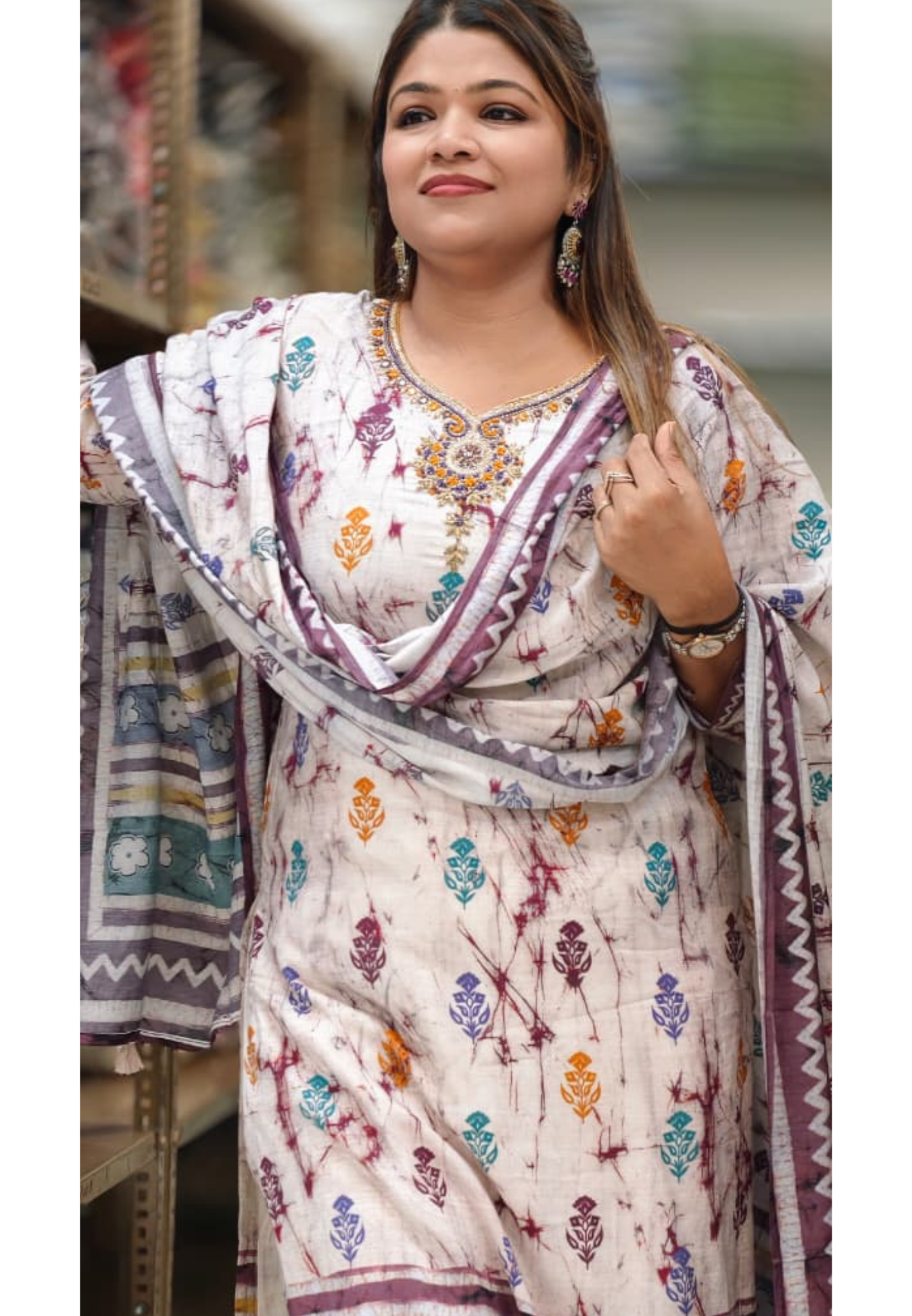 Ivory Fusion Embroidered Tie-Dye Full Suit Set with Dupatta In Muslin Fabric-LEAN FIT(ADVISIBLE NEXT SIZE)