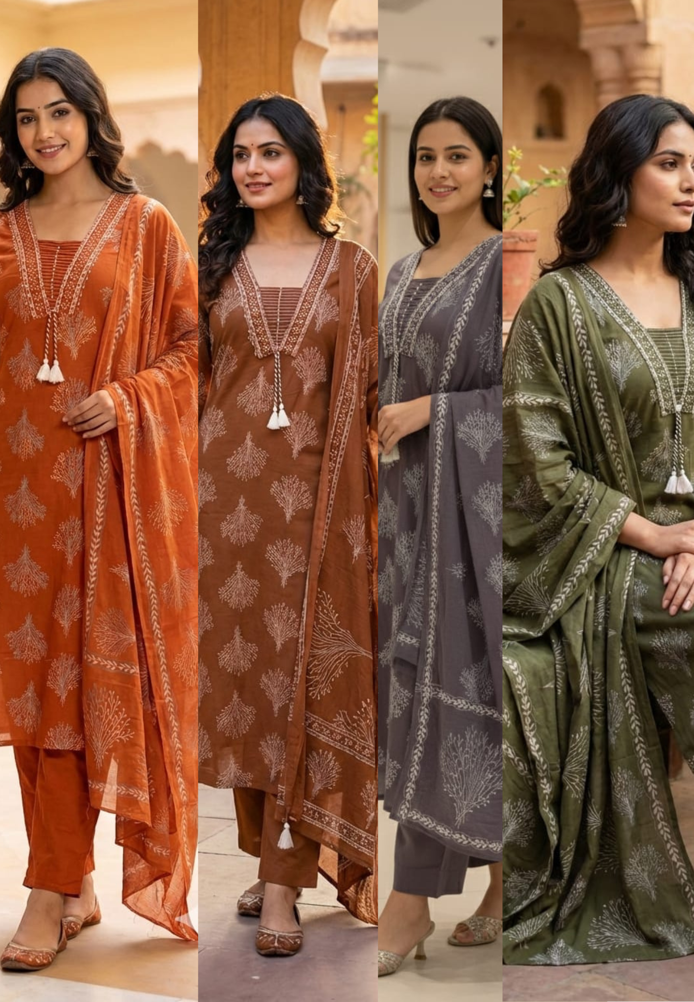 Cotton Elegant Hand block Print Kurta Set with Intricate Border Detailing & Tassel Tie-Up Neck Full Suit Set