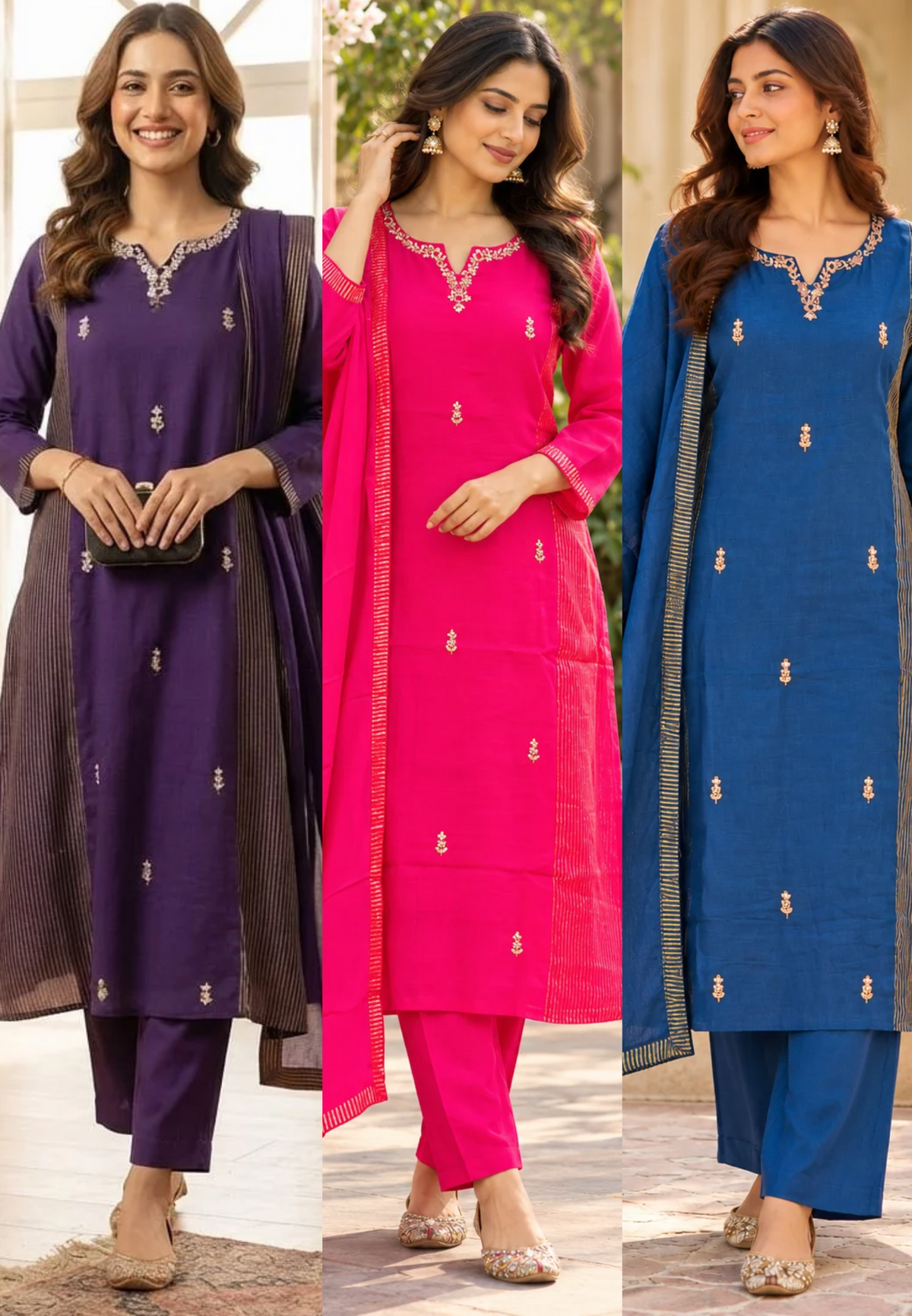 Intricate Beaded Embroidery Striped Side Panels A-Line Mul-Chanderi Full Suit Set With Dupatta- 16265