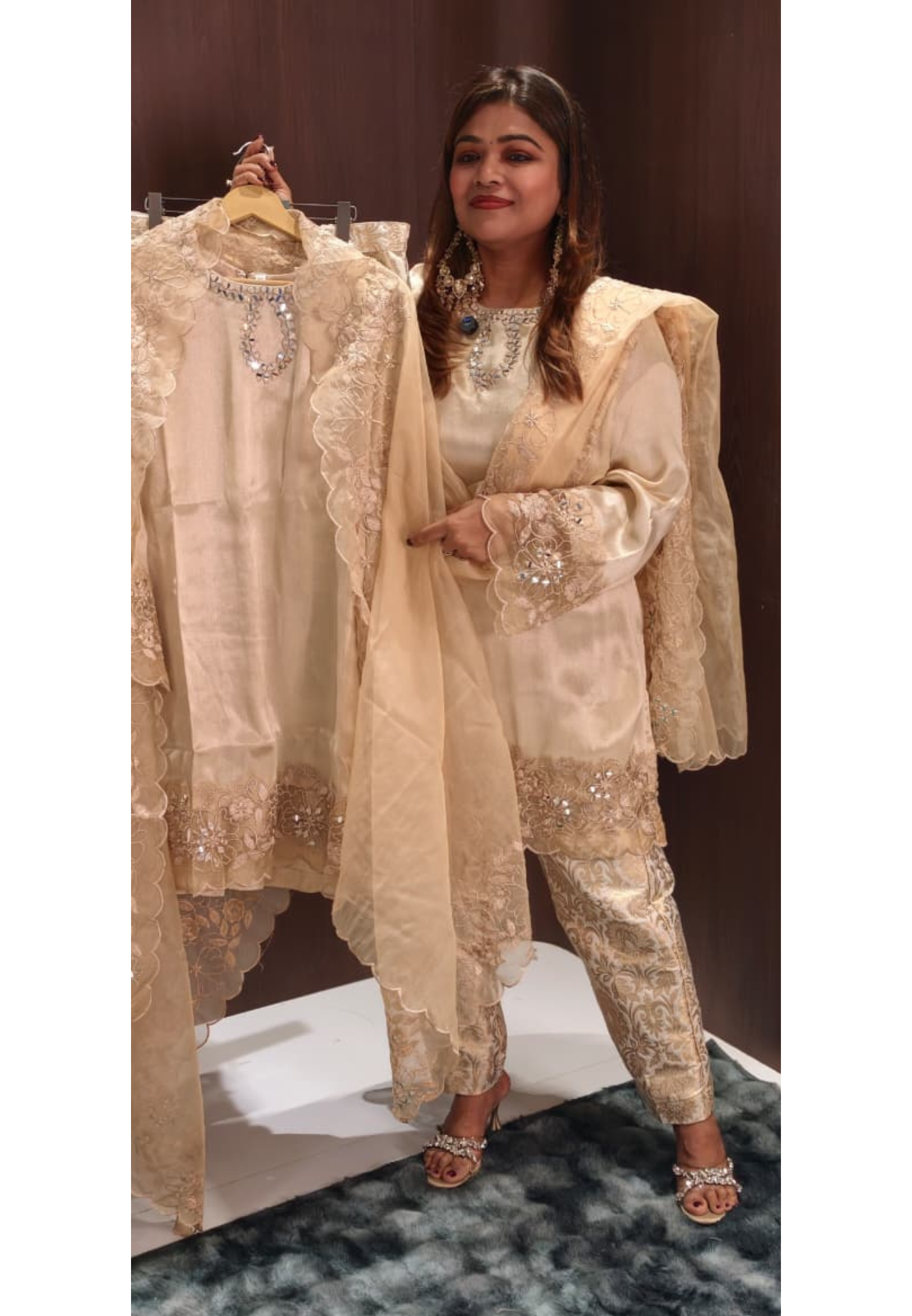 Royal Real Mirror Touch Silken Classy Kurta With Brocade Bottom & Organza Cut Work Dupatta- 14578 RB351