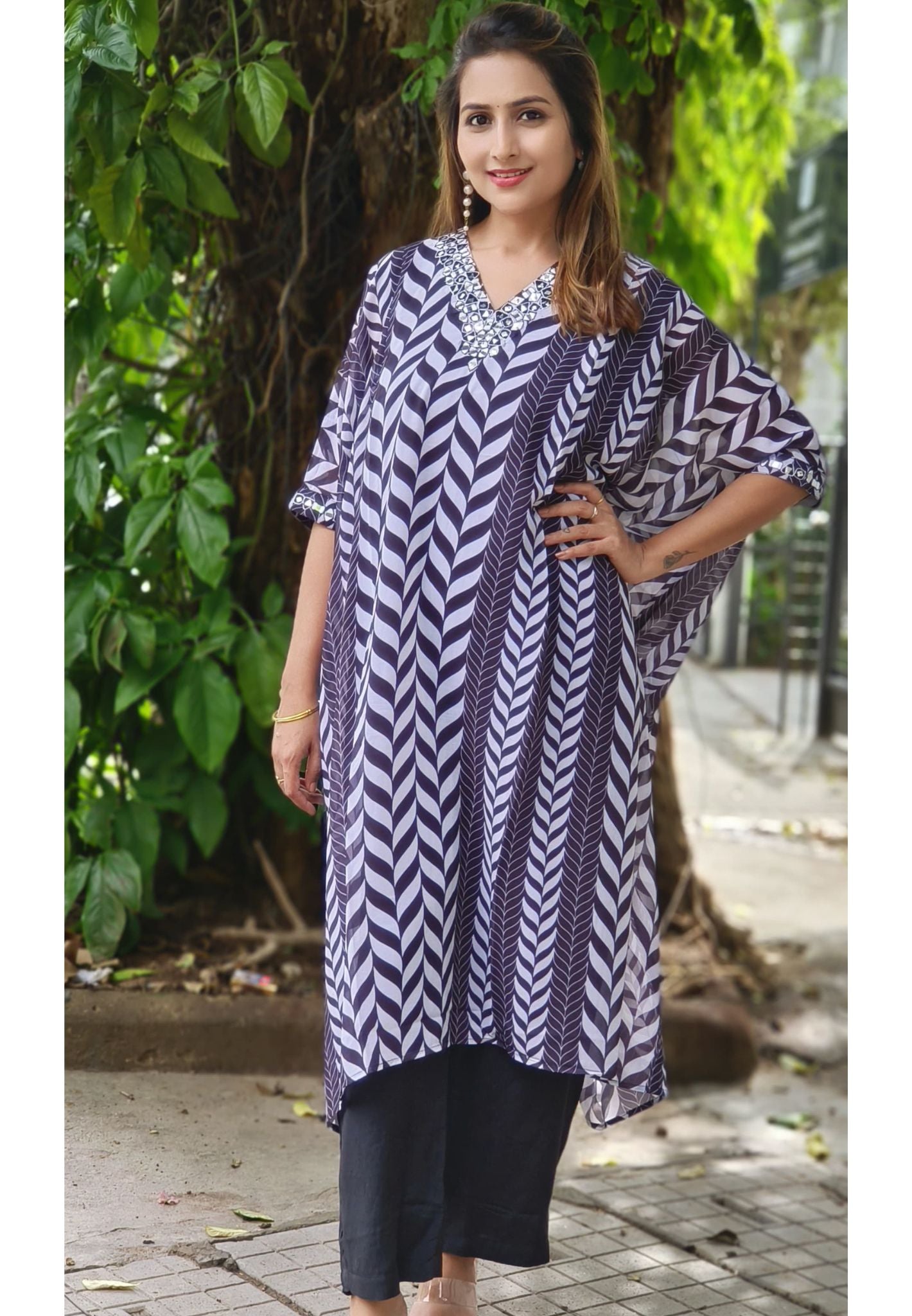 Stylish Soft Georgette Real Mirror Neck Embroidered Kaftan with Pant DRYWASH-06238