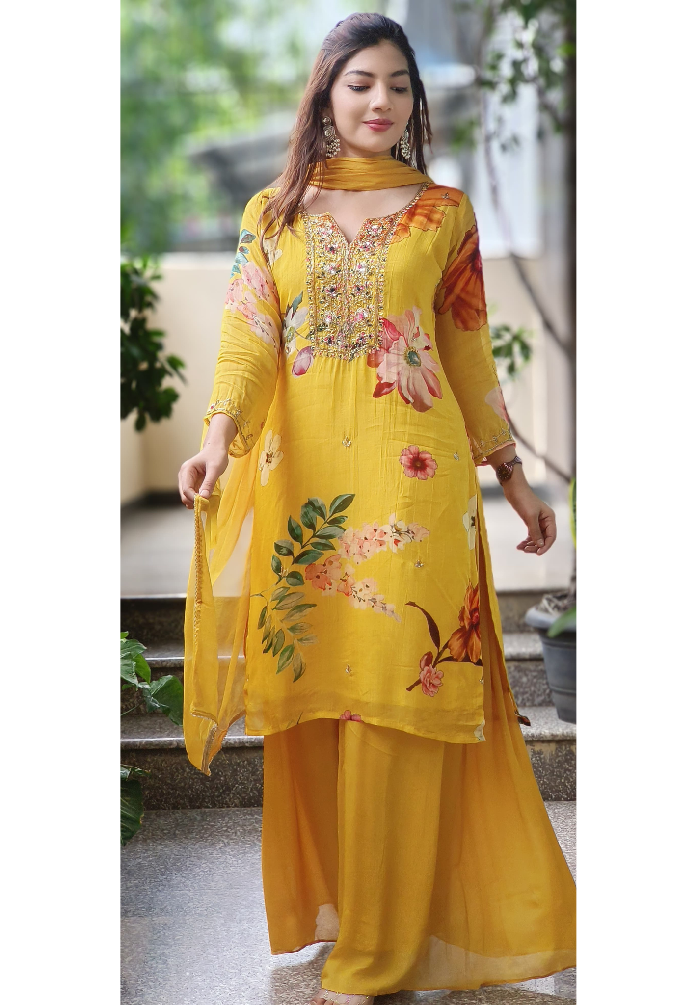 Giant Flower Print Bright Full Suit Set With Loose Palazzo Bottom & Dupatta In Chinon Fabric- 10192