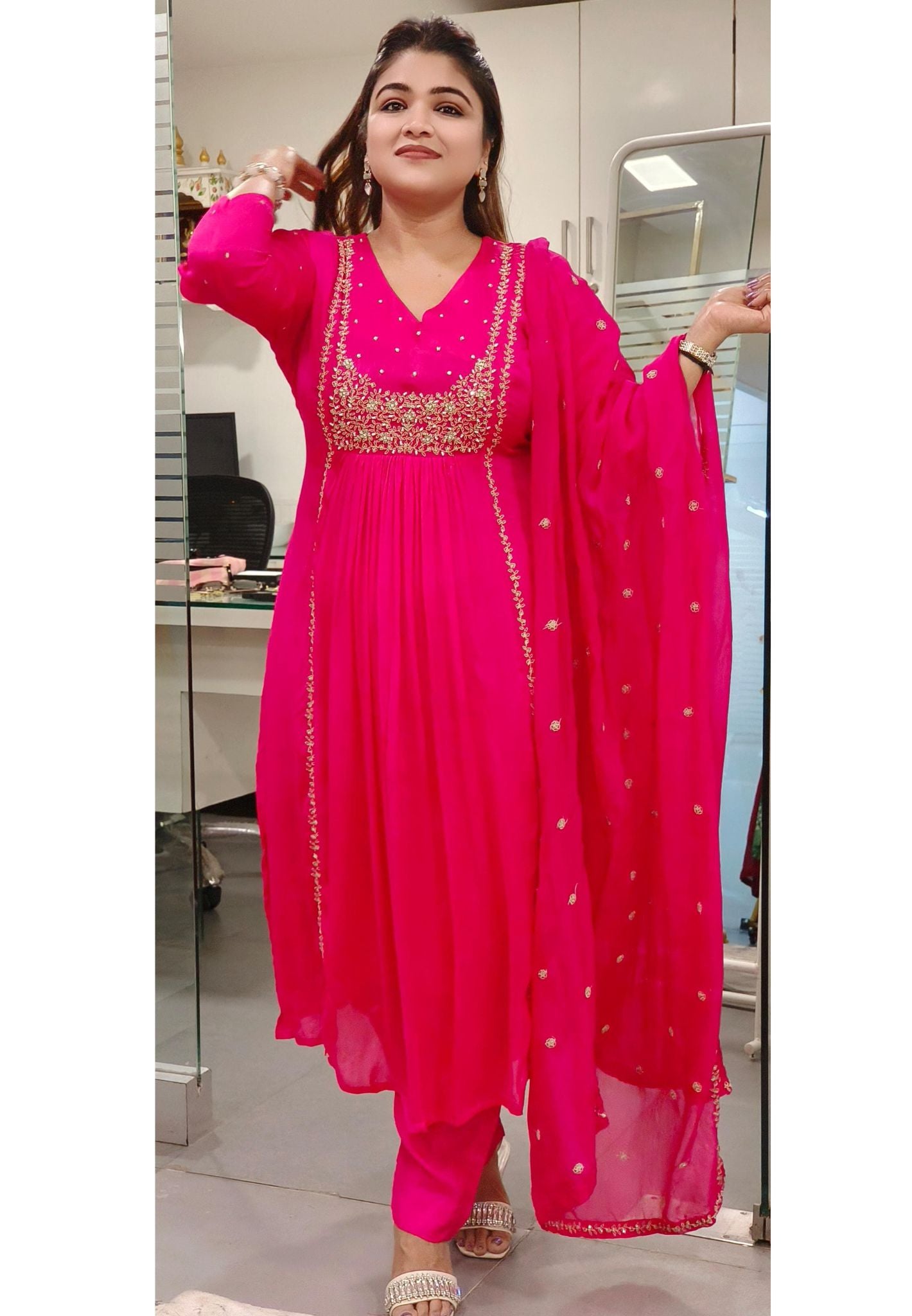 Stylish Bell Sleeves Beautiful Cotton embroidery Full Suit Set of 3