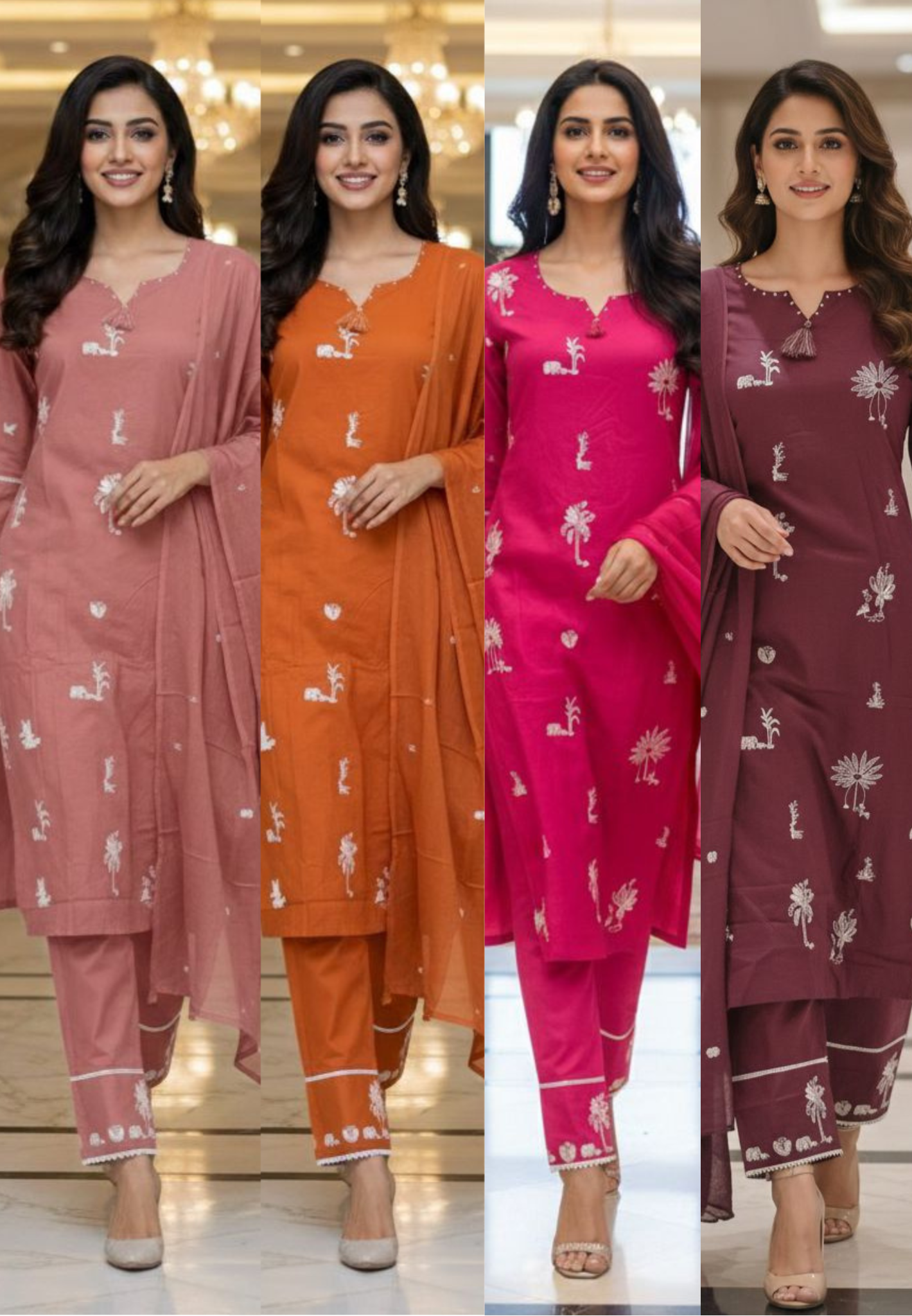 Tree Thread Embroidered Unique Neck Line Solid Cotton Full Suit Set With Dupatta