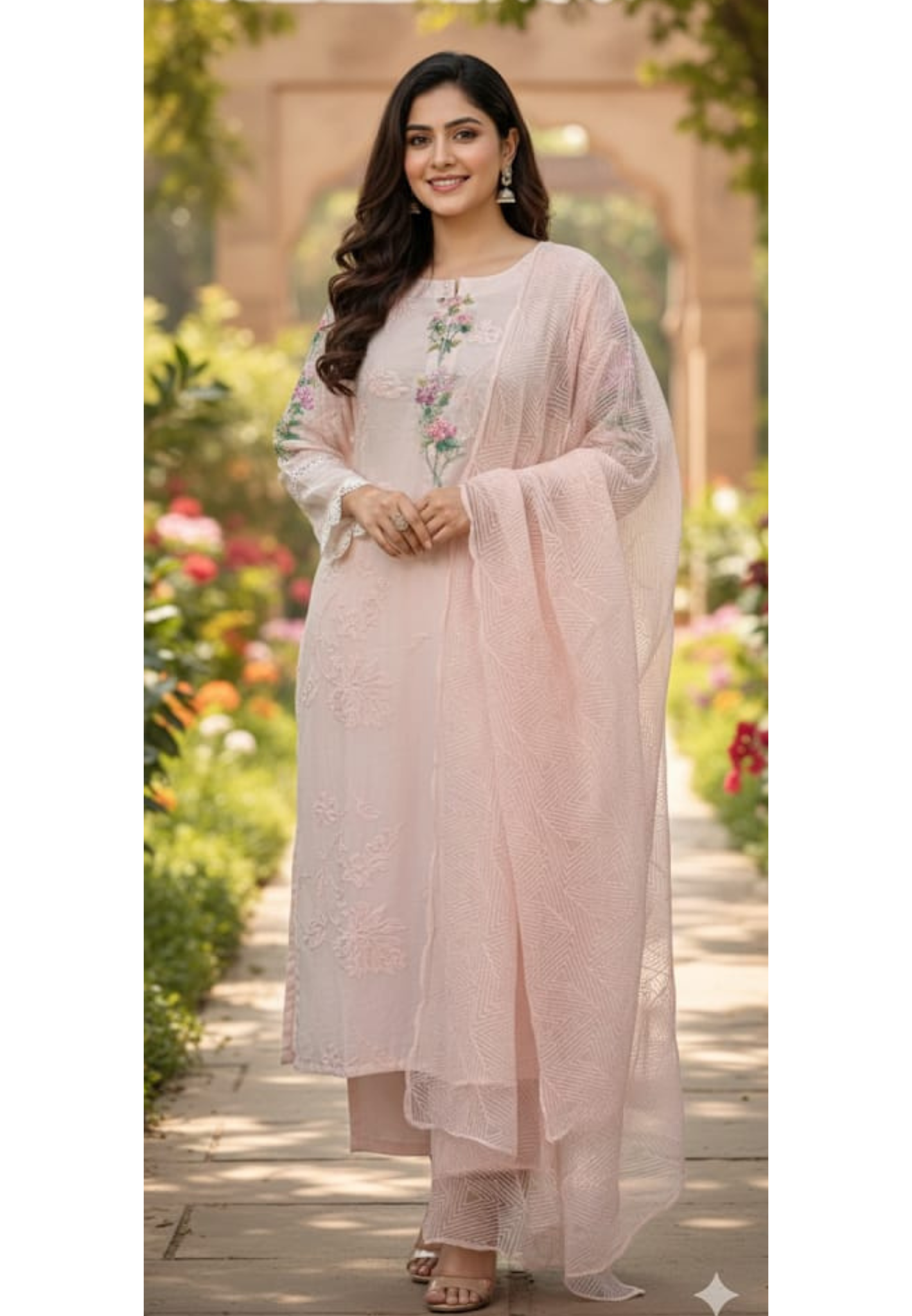 3D Floral Appliqués On Shoulder & Front Sheer Thread Embroidered Full Suit Set With Dupatta- 13681